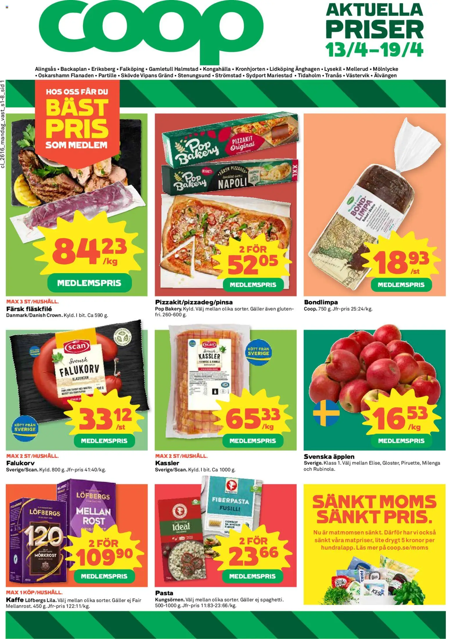 Förhandsgranska reklamblad Coop erbjudanden från butik Coop gäller från 13/04/2026 - Äpplen, Pasta, Falukorv, Kött, Kassler, Galler, Pizzakit, Fläskfilé