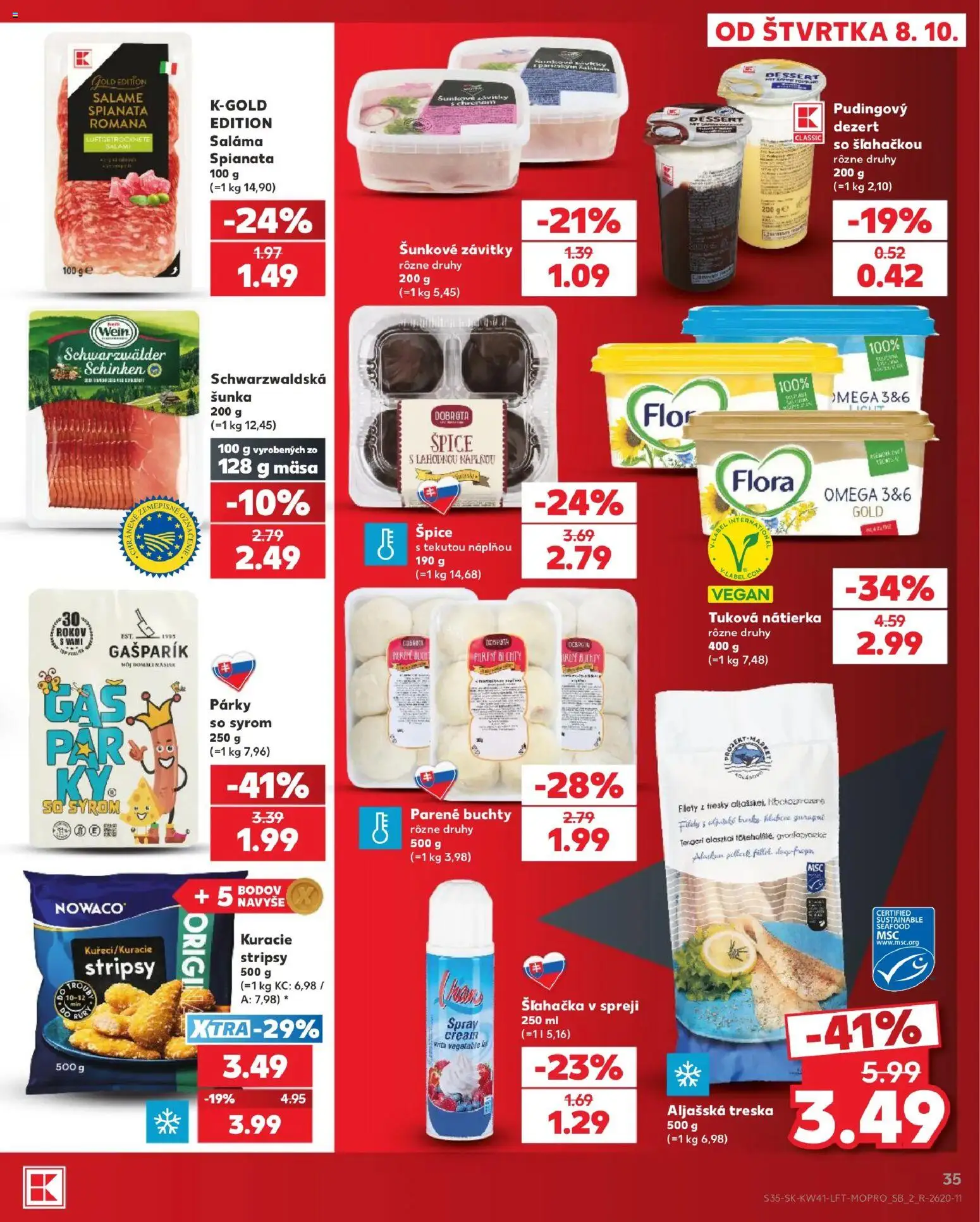 Náhľad Kaufland letáku platného od 08.10.2026 - Flora, Treska, Dezert, Šunka, Párky, Šľahačka, Stripsy, Šľahačka v spreji