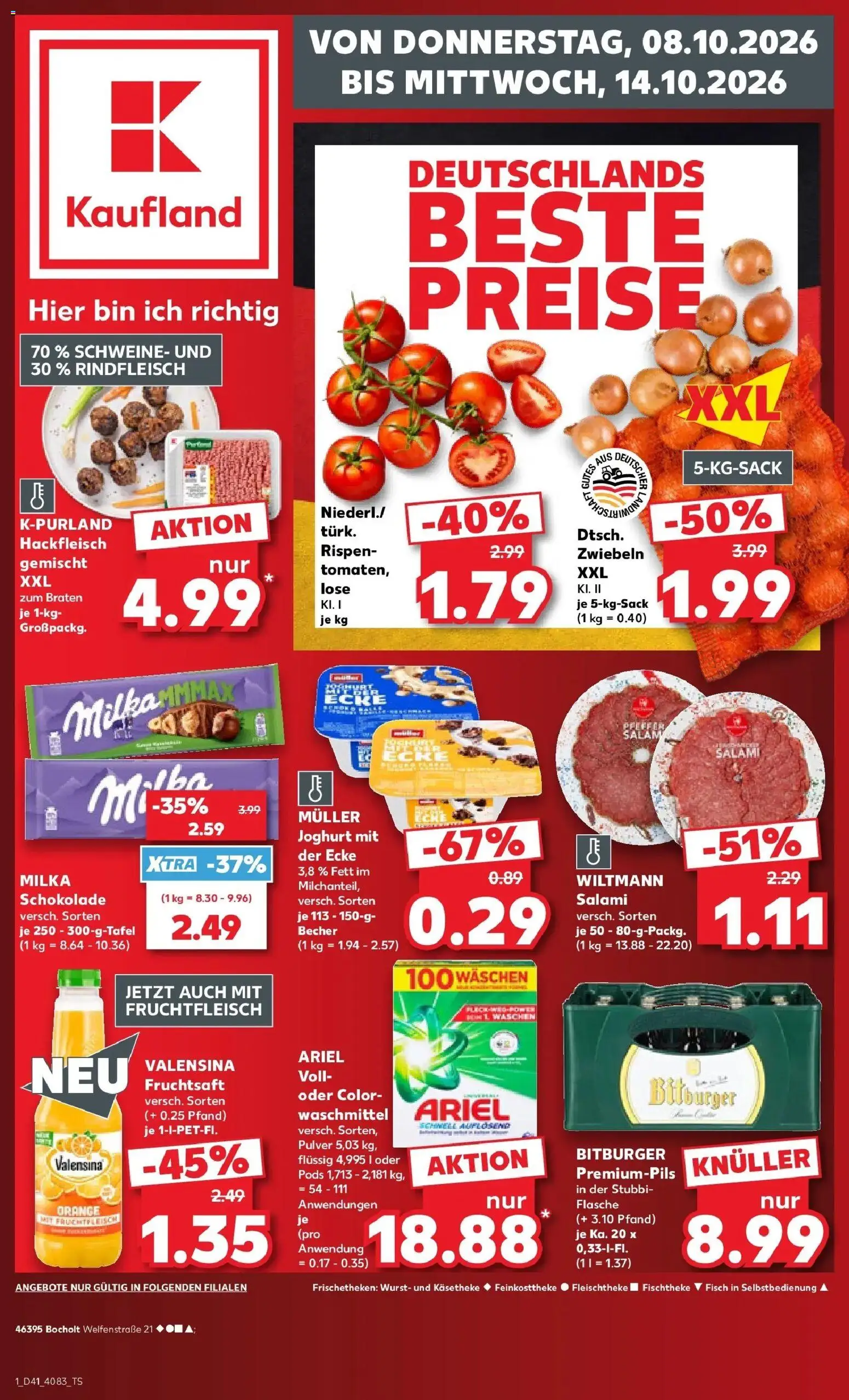 Vorschau von dem Prospekt des Geschäftes Kaufland, gültig ab dem 08.10.2026 - Schokolade, Wurst, Milka, Salami, Rindfleisch, Zwiebeln, Valensina, Fruchtsaft