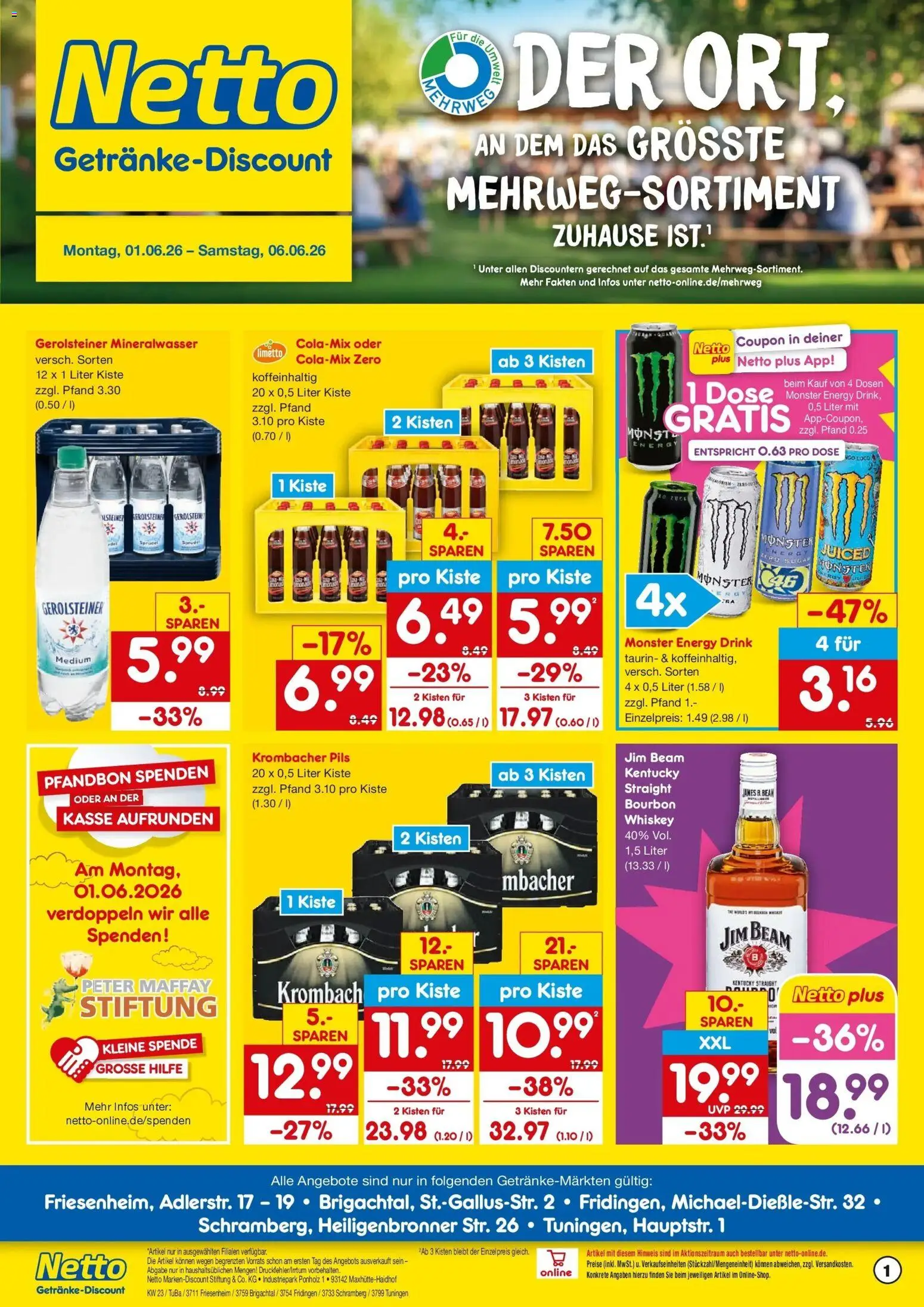 Vorschau von dem Prospekt des Geschäftes Netto Marken-Discount, gültig ab dem 01.06.2026 - Monster, Mineralwasser, Gerolsteiner, Krombacher, Whiskey, Energy, Bourbon, Pils