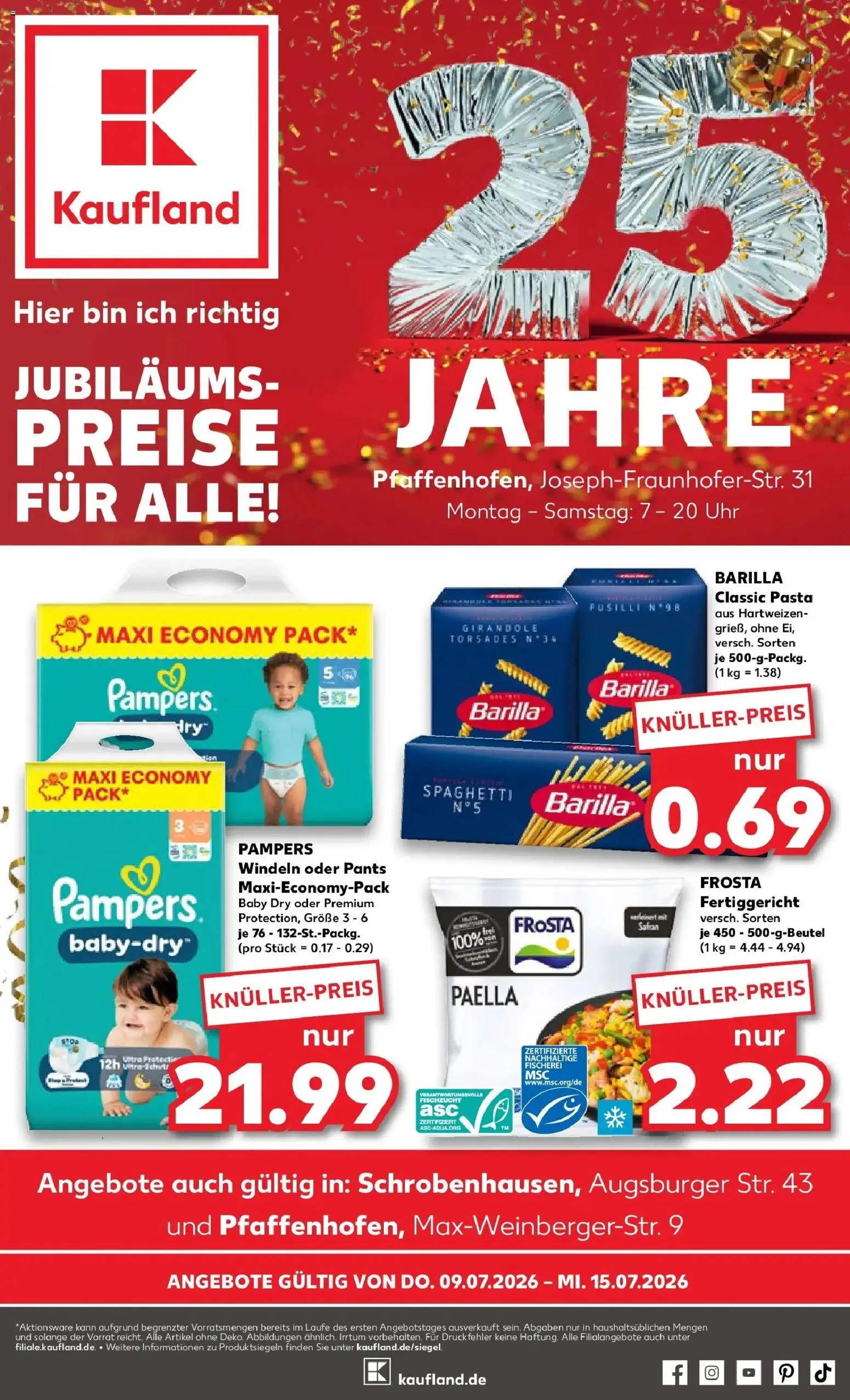 Vorschau von dem Prospekt des Geschäftes Kaufland, gültig ab dem 09.07.2026 - Uhr, Pasta, Spaghetti, Pampers, Frosta, Barilla