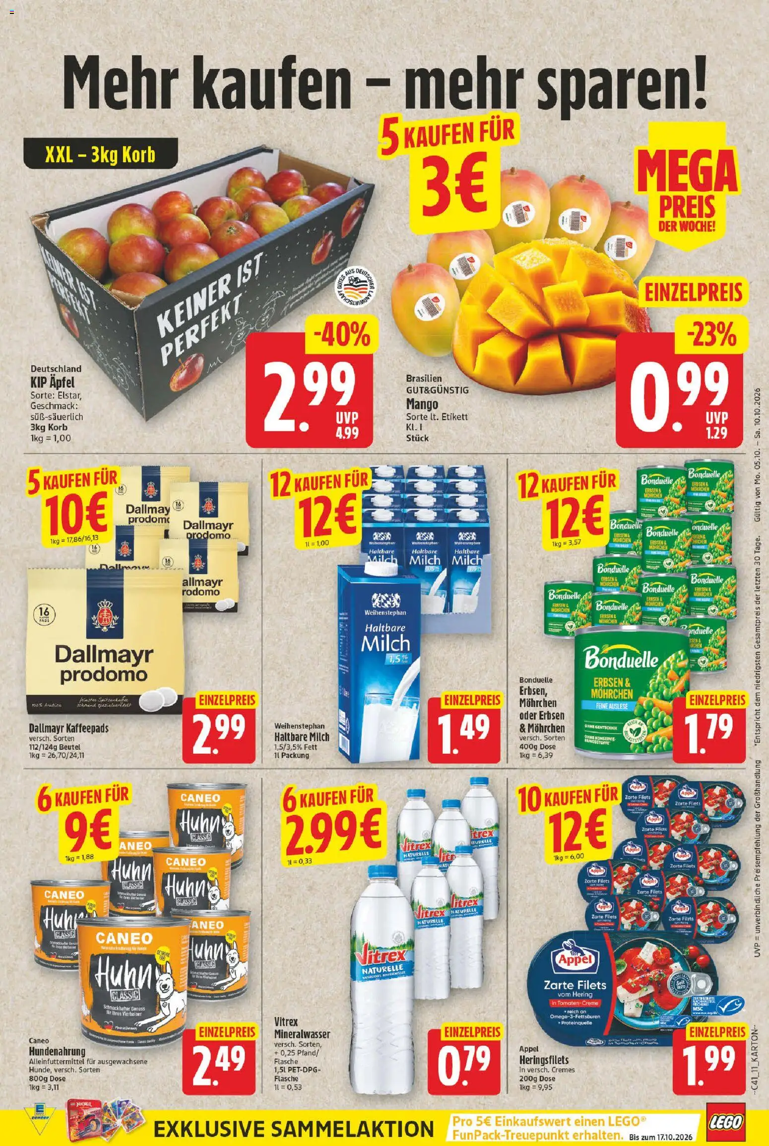 Vorschau von dem Prospekt des Geschäftes E center, gültig ab dem 05.10.2026 - Mango, Milch, Korb, Dallmayr, Erbsen, Hering, Kaffeepads, Haltbare milch