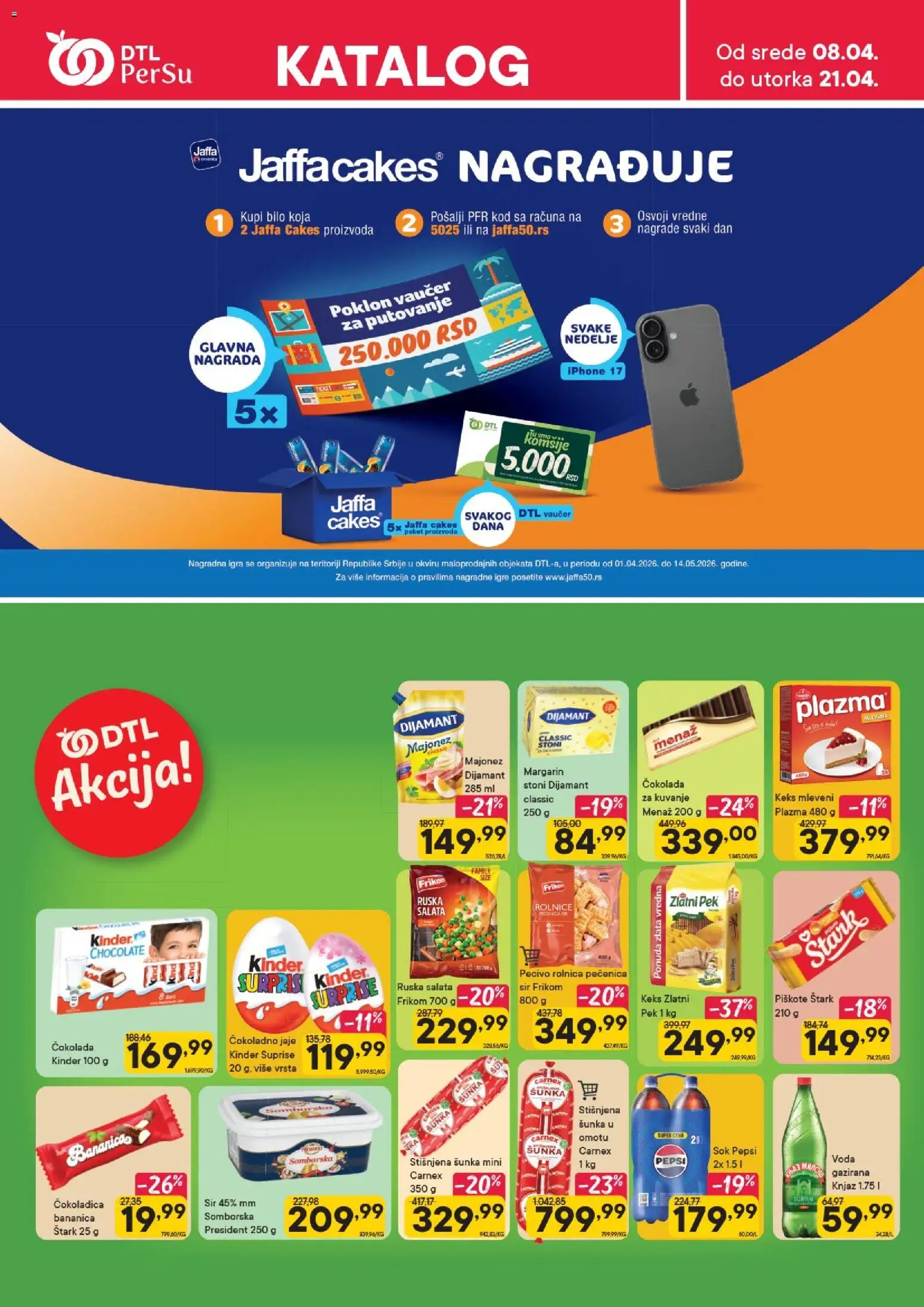 Pregled PerSu kataloga - važi od 08.04.2026 - Čokolada, Pepsi, Sir, Šunka, Pecivo, Piškote, Čokoladica, Čokoladno jaje