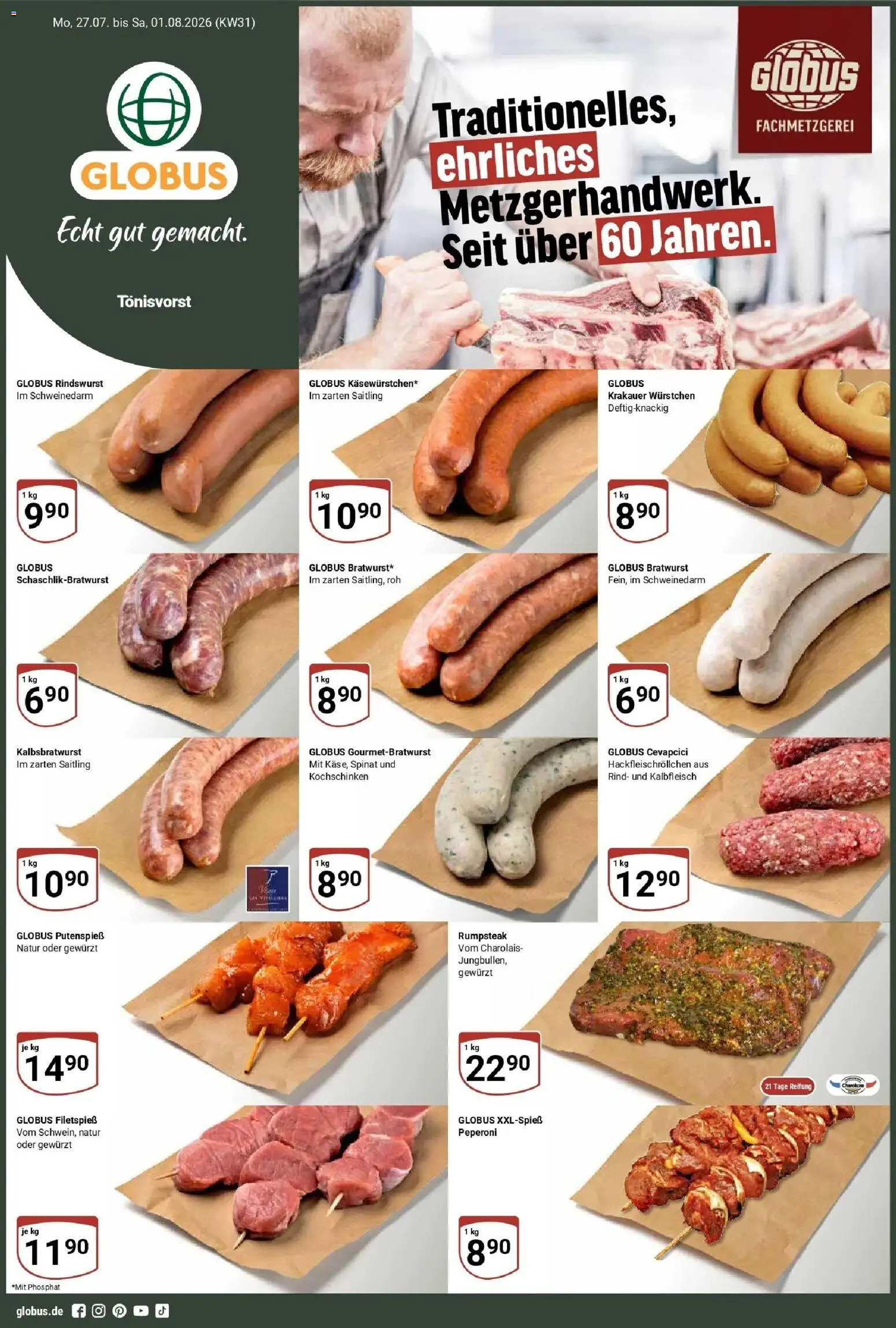 Vorschau von dem Prospekt des Geschäftes Globus, gültig ab dem 27.07.2026 - Cevapcici, Bratwurst, Rumpsteak