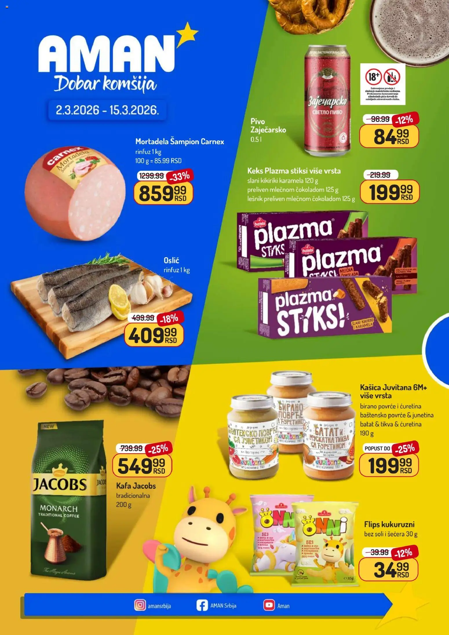 Pregled Aman kataloga - važi od 02.03.2026 - Pivo, Kikiriki, Lešnik, Povrće, Mortadela, Oslić, Tikva, Plazma