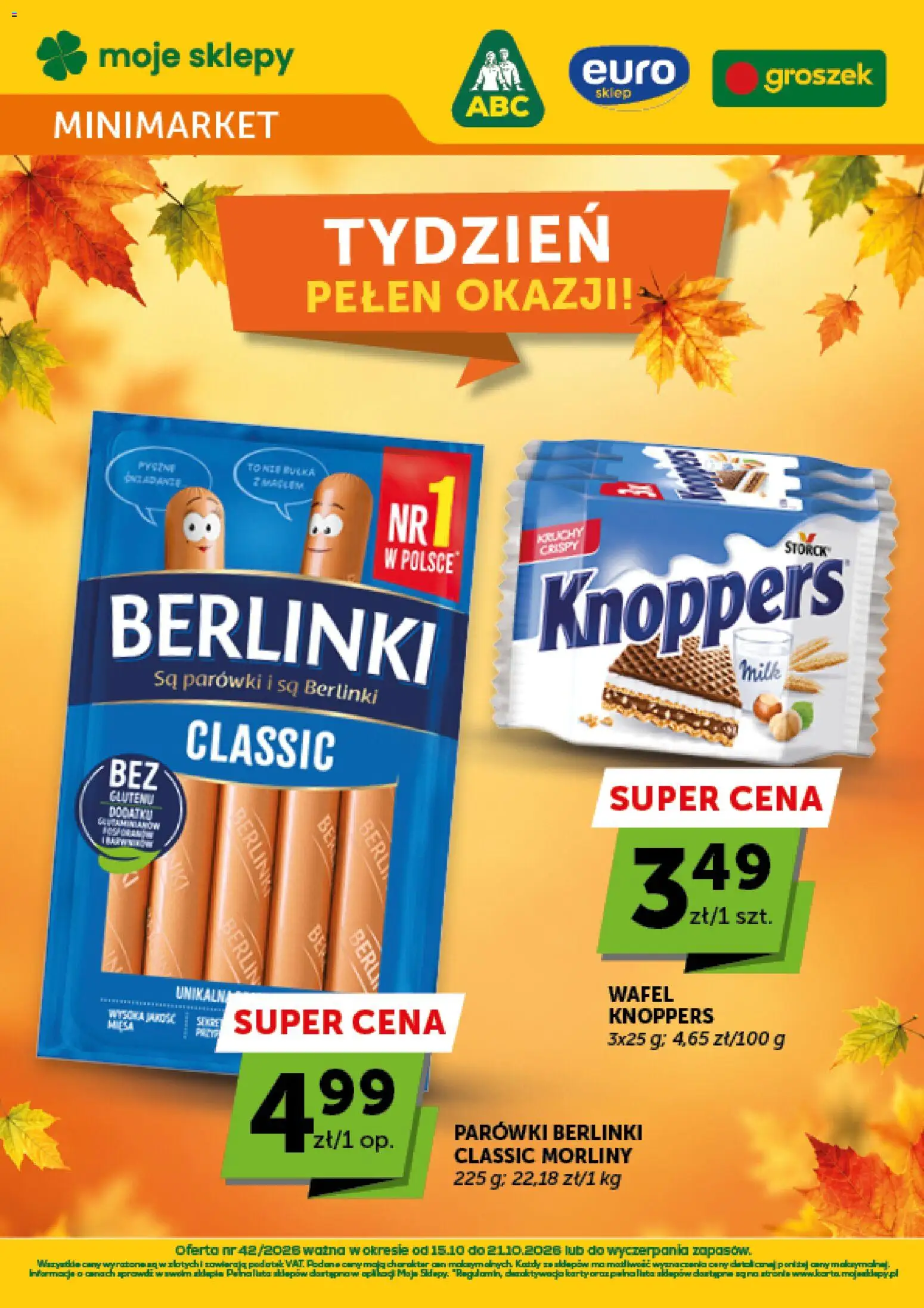 Pogląd gazetki "Groszek gazetka - Minimarket" ze sklepu Groszek ważnej od 15.10.2026 - Groszek, Knoppers, Parówki, Berlinki, Parówki berlinki