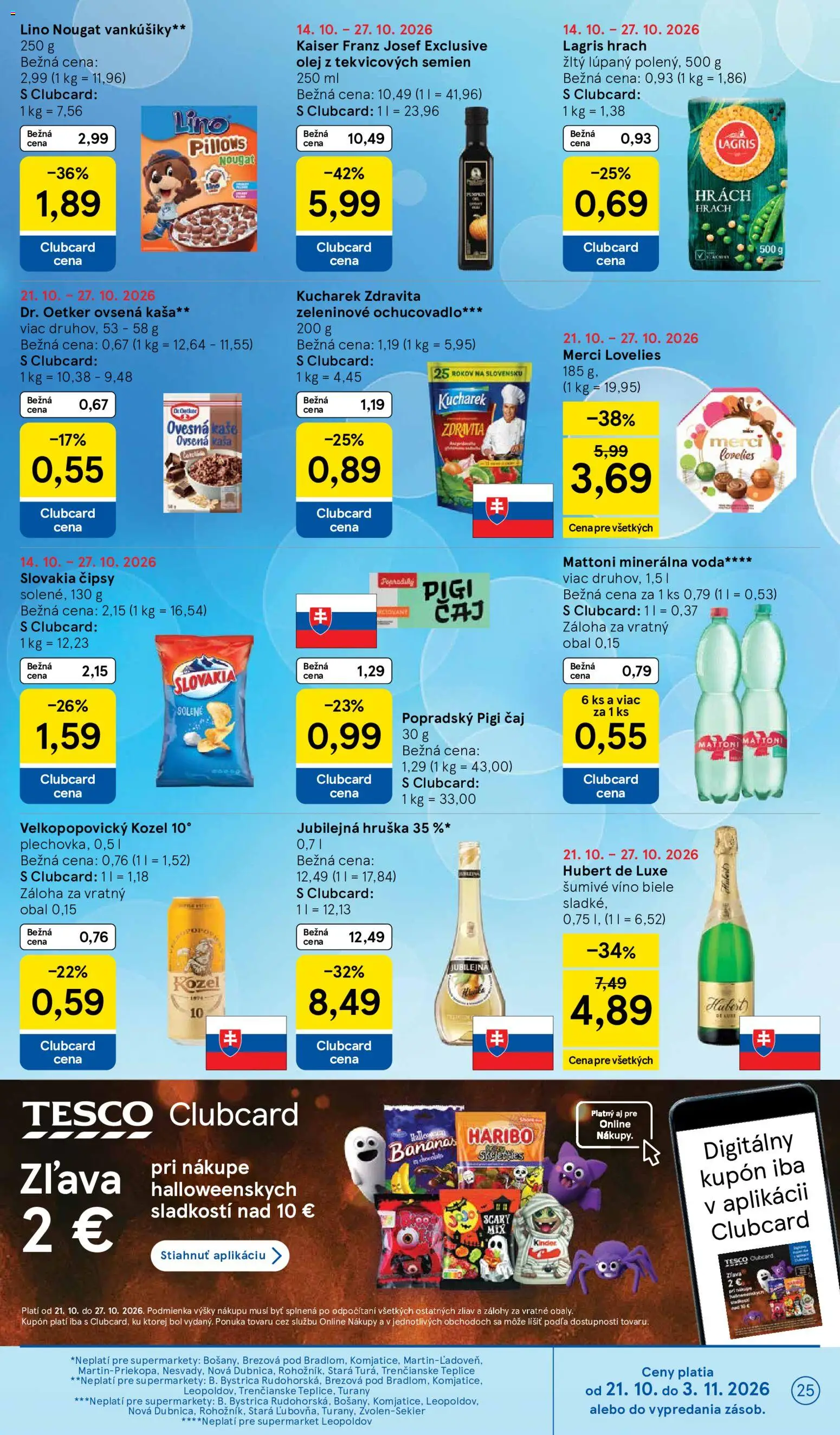 Náhľad Tesco letáku platného od 21.10.2026 - Voda, Víno, Kinder, Hubert de Luxe, Hrach, Ovsená kaša, Minerálna voda, Šumivé víno