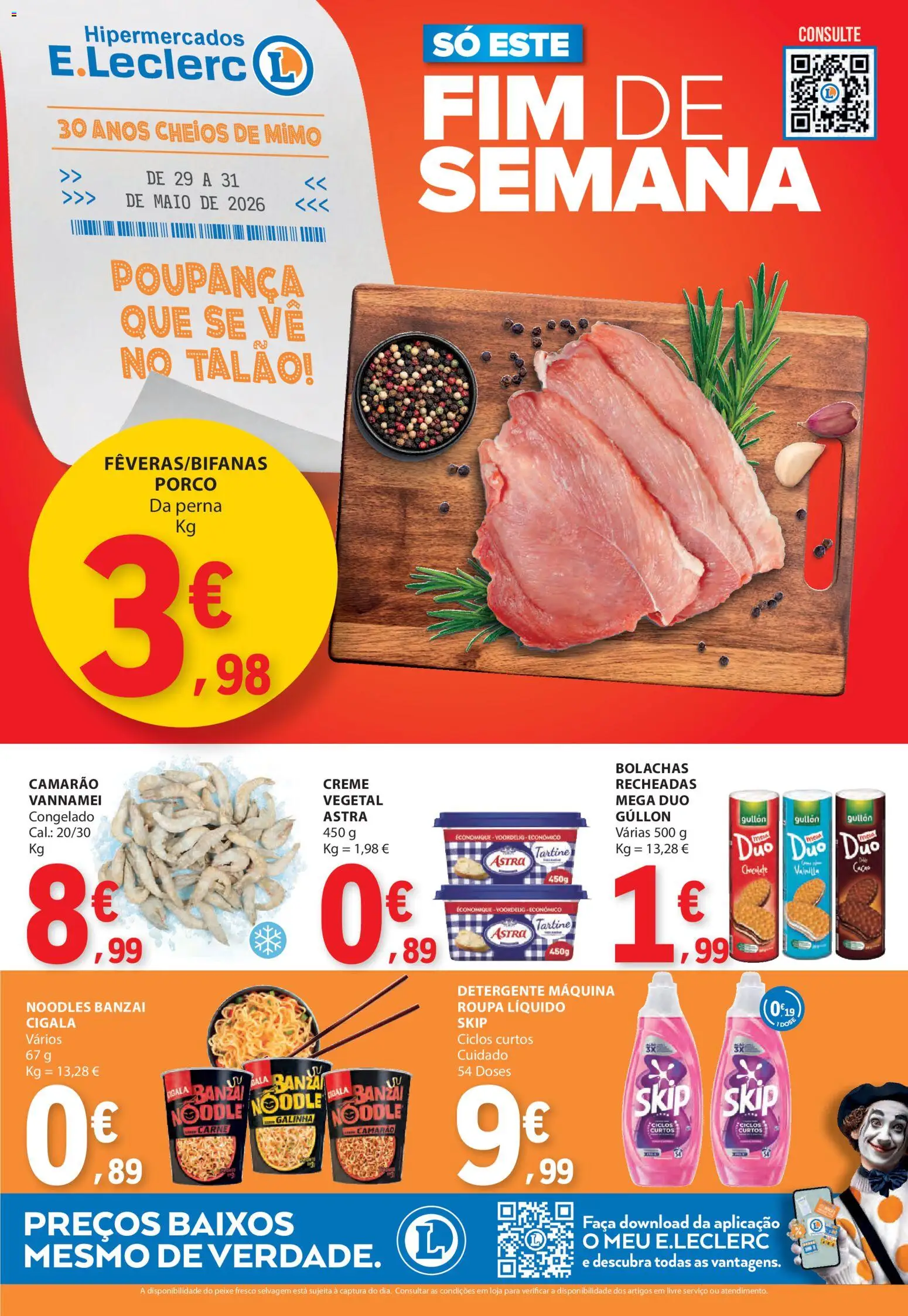 Pré-visualização do folheto da loja E.Leclerc válida a partir de 29/05/2026 - Peixe, Bolachas, Camarão, Carne, Creme, Detergente, Faca