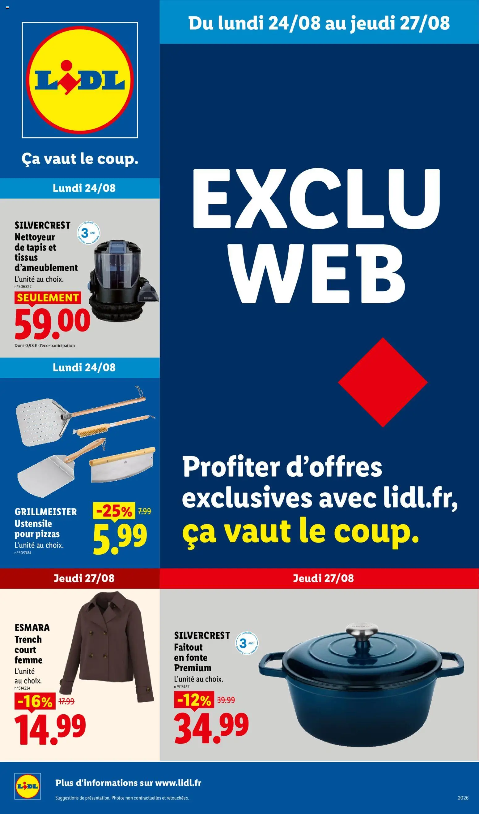 Prévisualisation de LIDL catalogue les bonnes affaires Exclu Web du magasin LIDL formulaire valide 24/08/2026 - Pizza, Tapis, Trench, Silvercrest, Faitout, Faitout en fonte