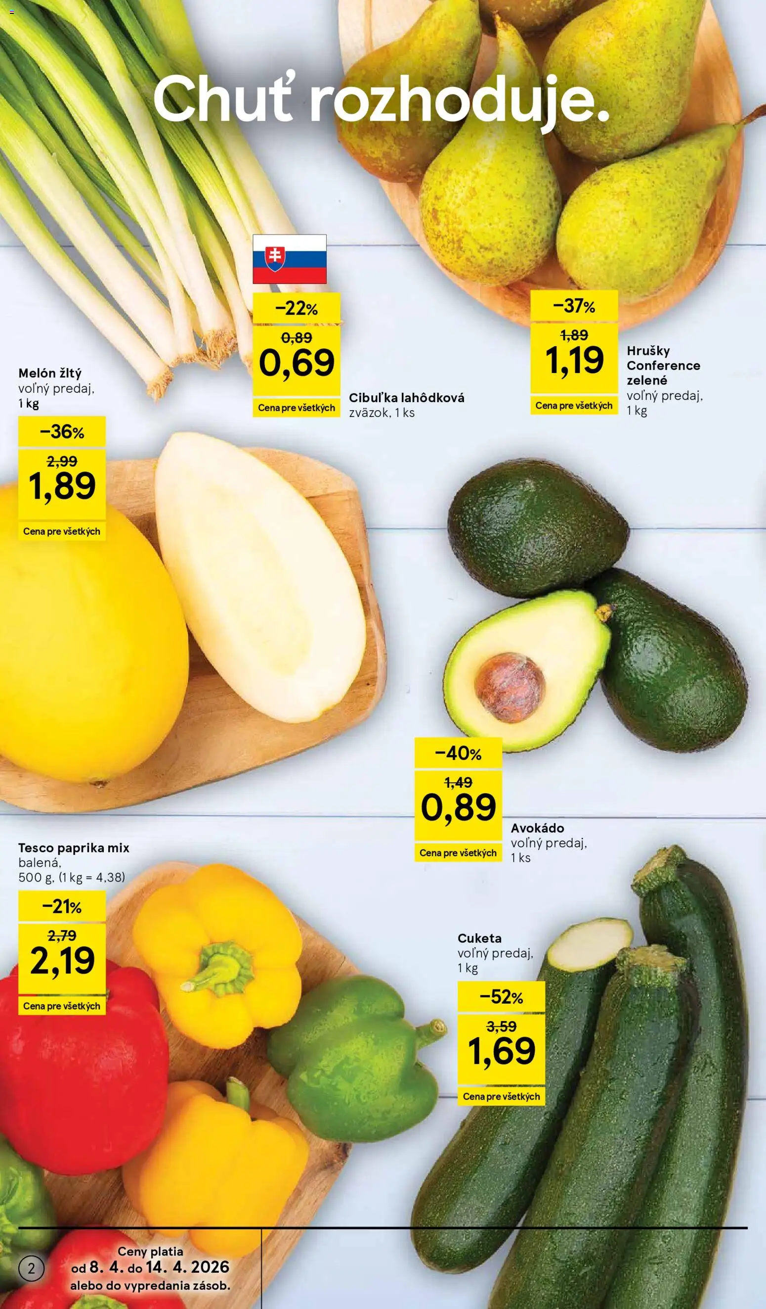 Náhľad Tesco letáku platného od 08.04.2026 - Paprika, Avokádo, Cuketa, Hrušky, Melón