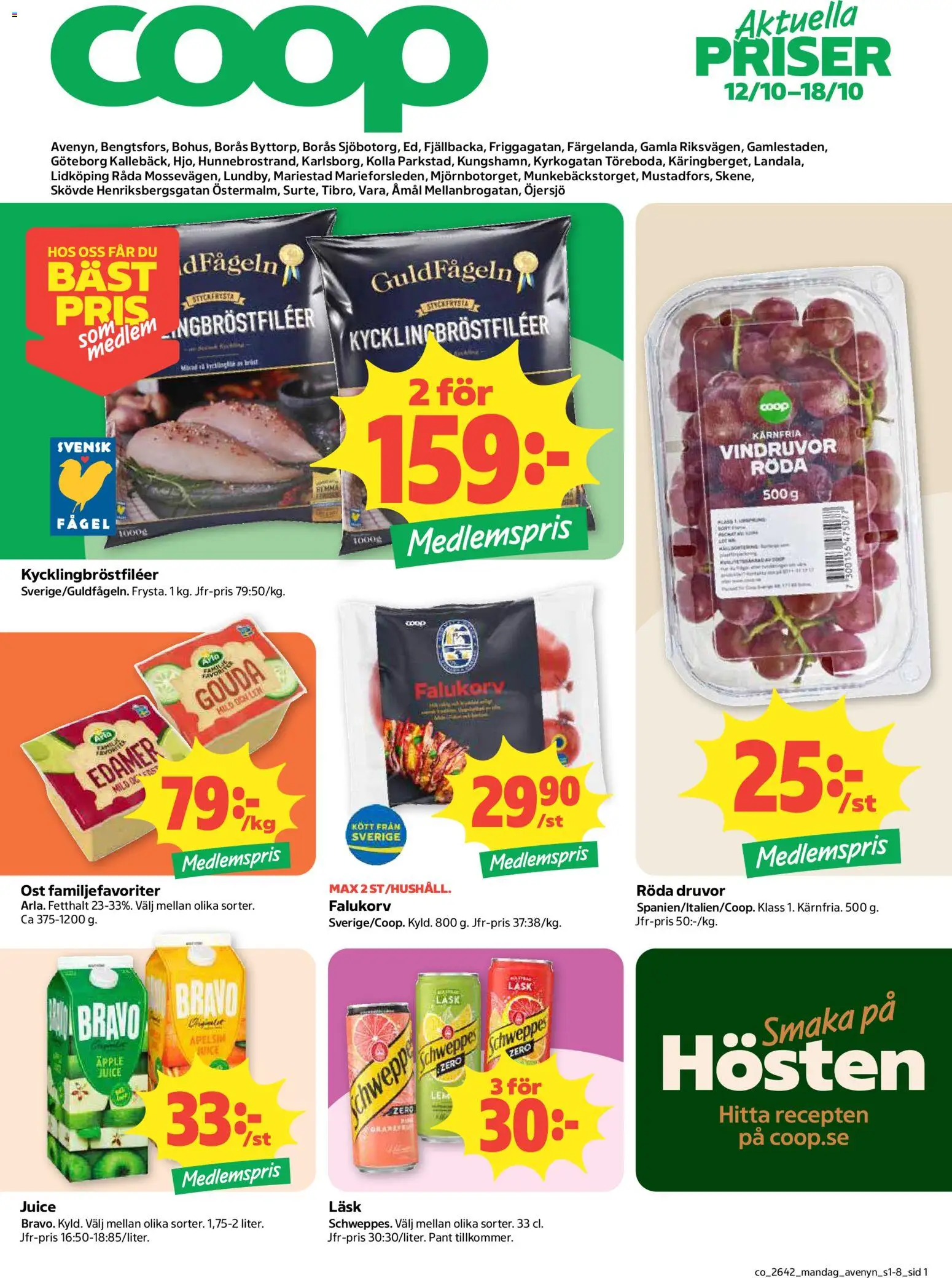 Förhandsgranska reklamblad Coop erbjudanden från butik Coop gäller från 12/10/2026 - Falukorv, Kött, Äpple, Juice, Vindruvor, Gouda, Edamer, Kärnfria vindruvor