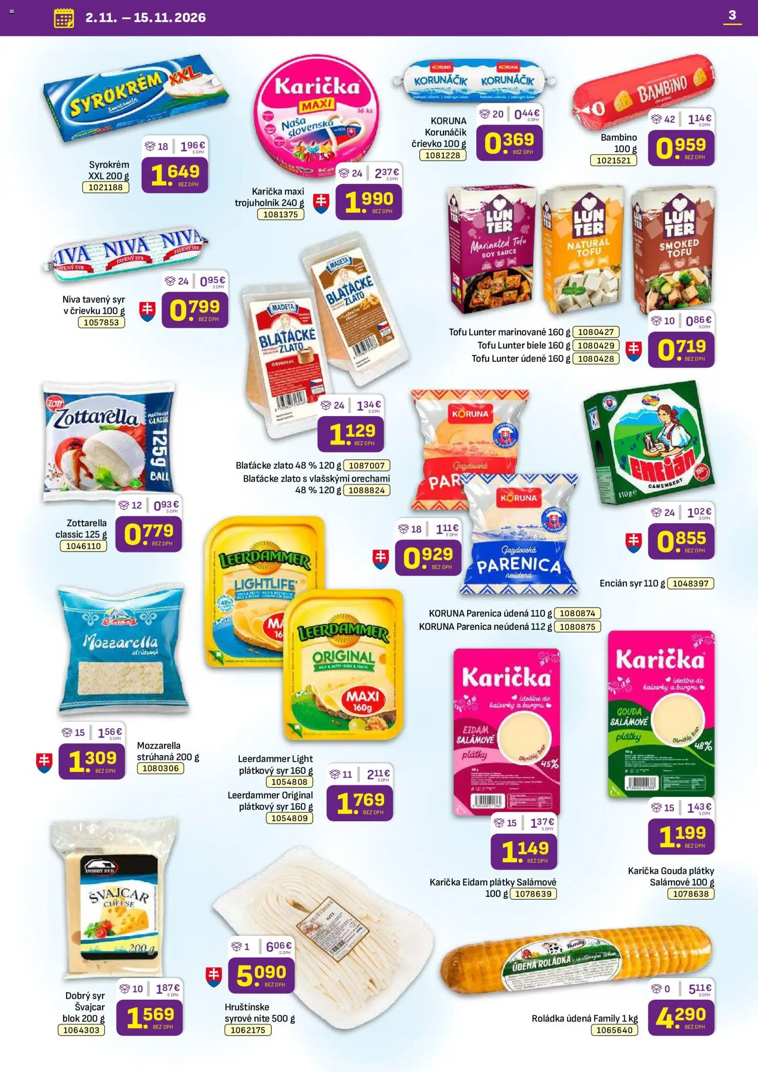 Náhľad Libex letáku platného od 02.11.2026 - Syr, Tofu, Niva, Camembert, Gouda, Eidam, Encián, Tavený syr