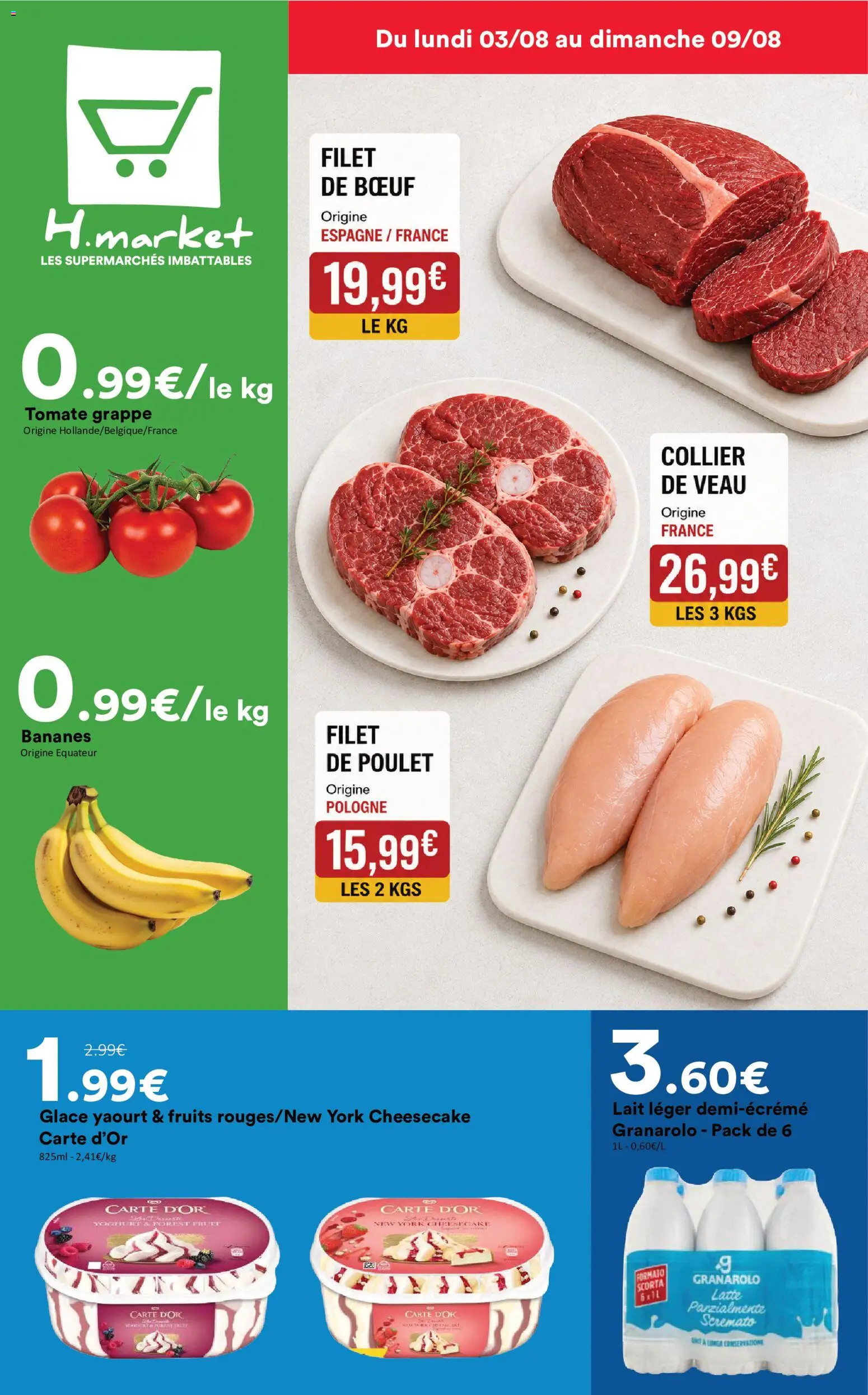 Prévisualisation de Hmarket catalogue du magasin Hmarket formulaire valide 03/08/2026 - Glace, Cheesecake, Fruits, Bananes, Collier, Yaourt, Tomate, Tomate grappe