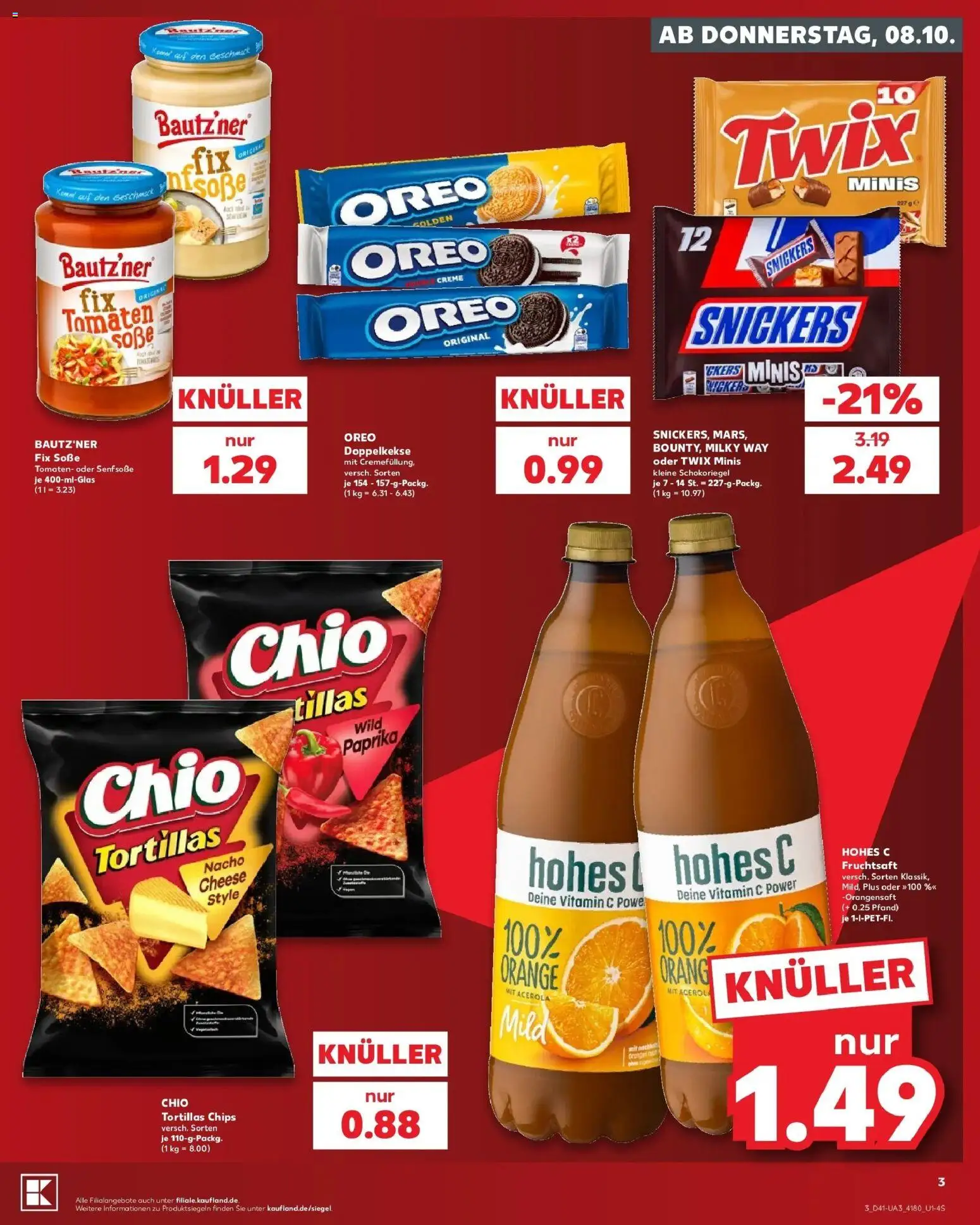 Vorschau von dem Prospekt des Geschäftes Kaufland, gültig ab dem 08.10.2026 - Chips, Tortillas, Snickers, Tomaten, Soße, Twix, Chio tortillas, Fruchtsaft