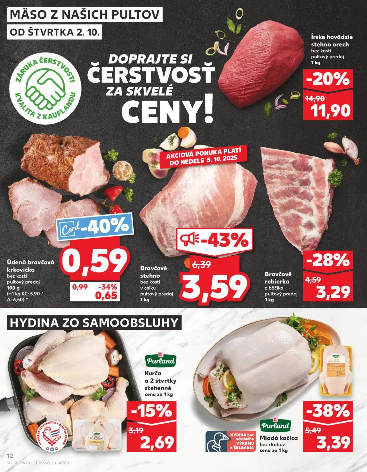 Náhľad Kaufland letáku platného od 02.10.2025 - Mäso, Krkovička, Kačica, Bravčová krkovička, Bravčové stehno, Hovädzie stehno, Kurča
