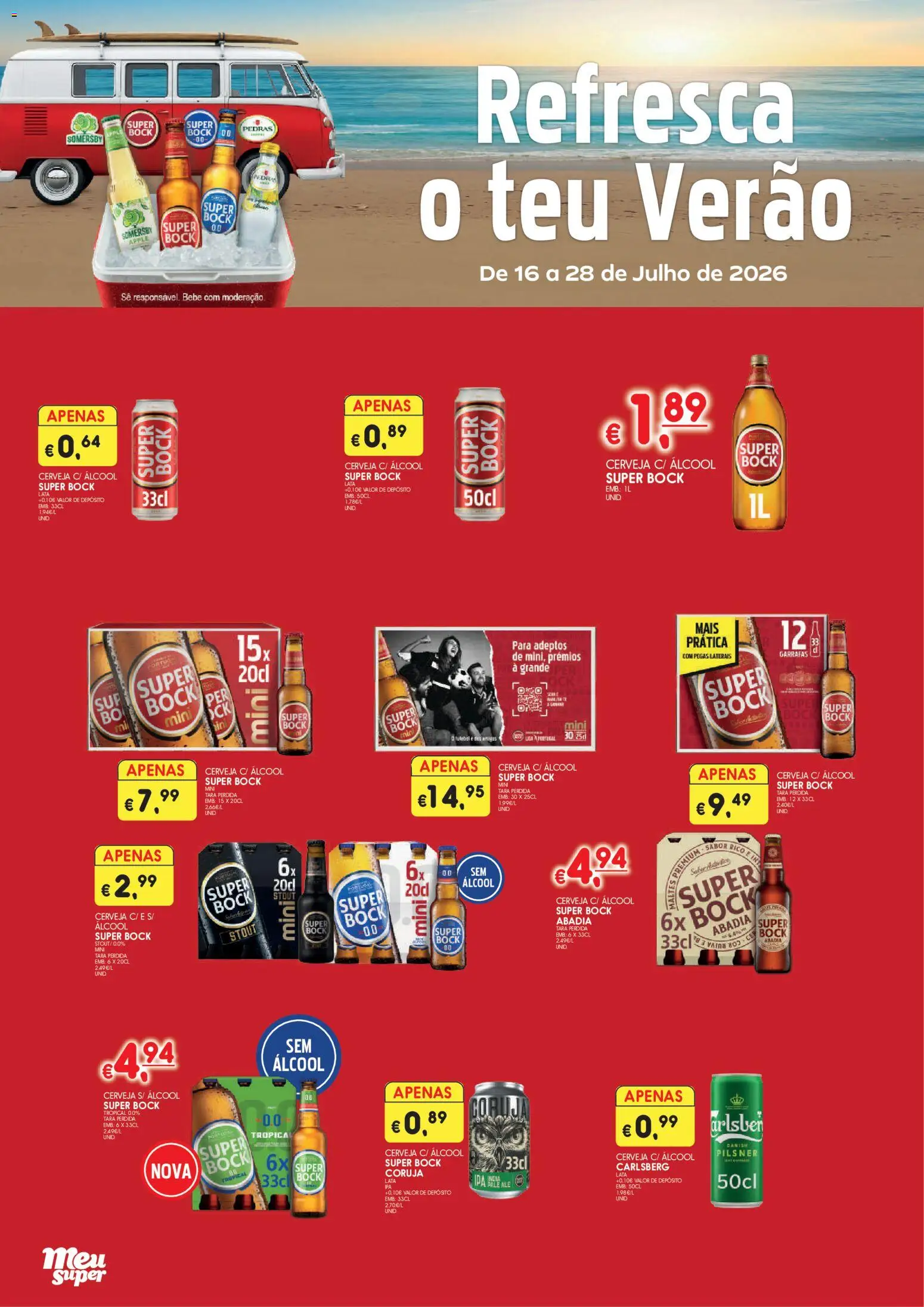 Pré-visualização do folheto da loja Meu Super válida a partir de 16/07/2026 - Cerveja, Somersby, Super bock, Álcool
