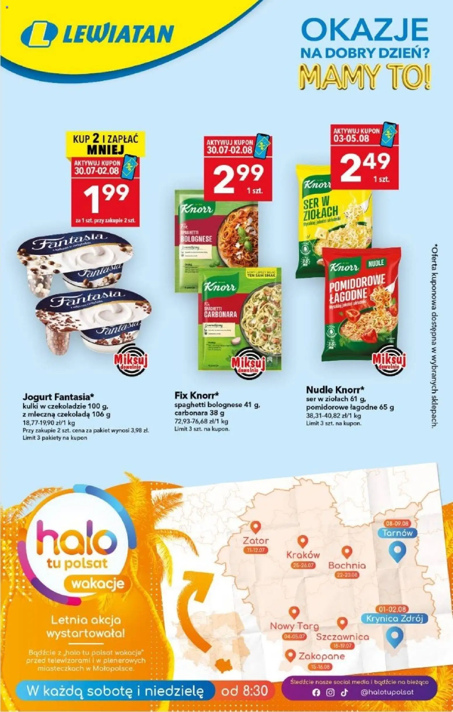 Pogląd gazetki "Lewiatan gazetka - Okazje na dobry dzień" ze sklepu Lewiatan ważnej od 30.07.2026 - Carbonara, Spaghetti bolognese, Czekolada, Spaghetti, Ser, Jogurt, Kulki w czekoladzie