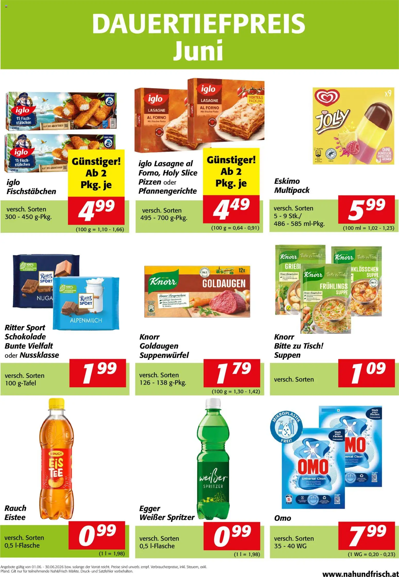 Vorschau der Angebote: Nah und Frisch Nah und Frisch - Dauertiefpreise Juni gültig ab 01.06.2026 - Pasta, Schokolade, Fisch, Tisch