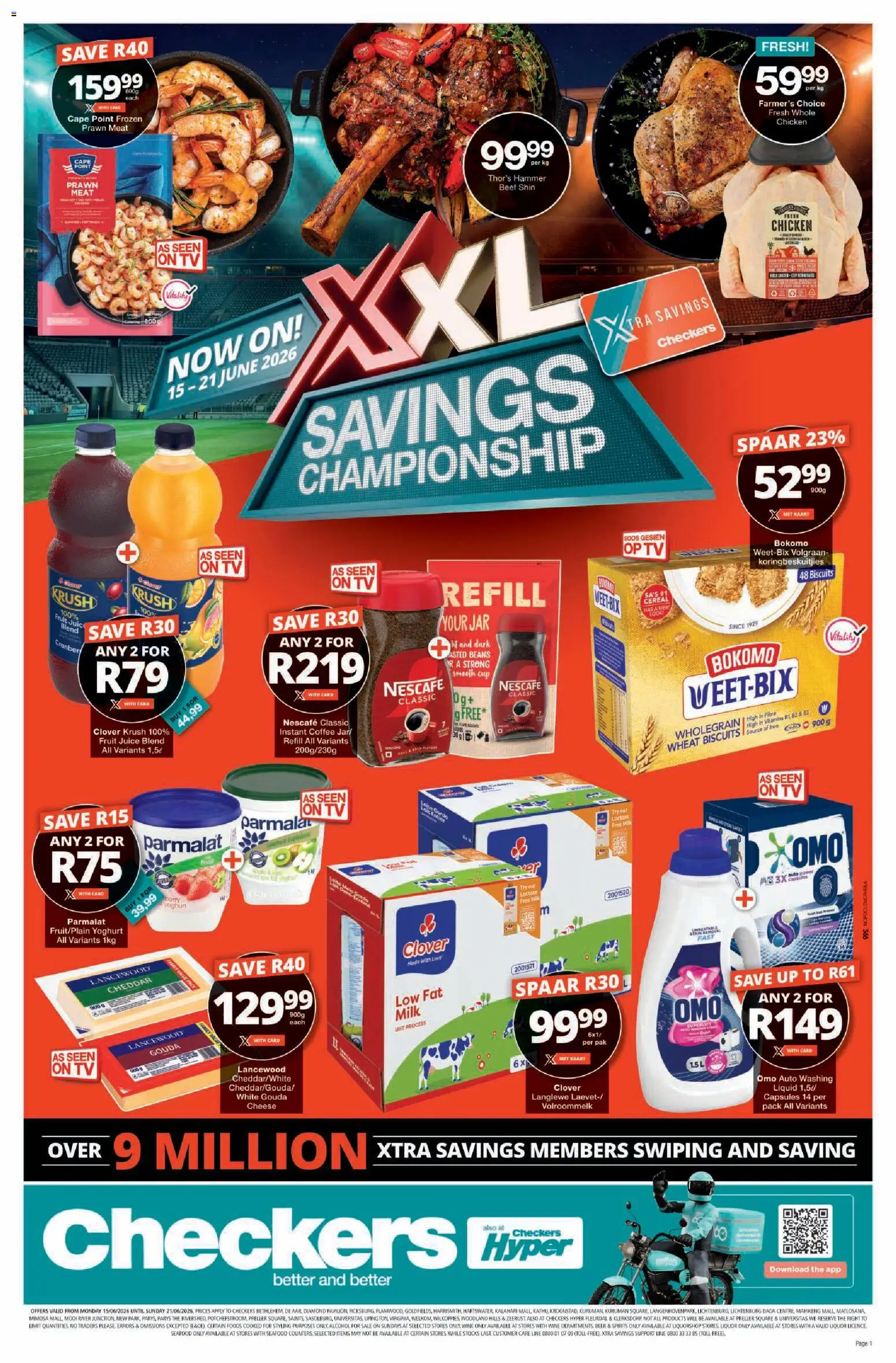 Preview of Checkers flyer valid from 15/06/2026 - Wine, Milk, Seafood, Juice, Beans, Vitamins, Instant coffee, Cheddar