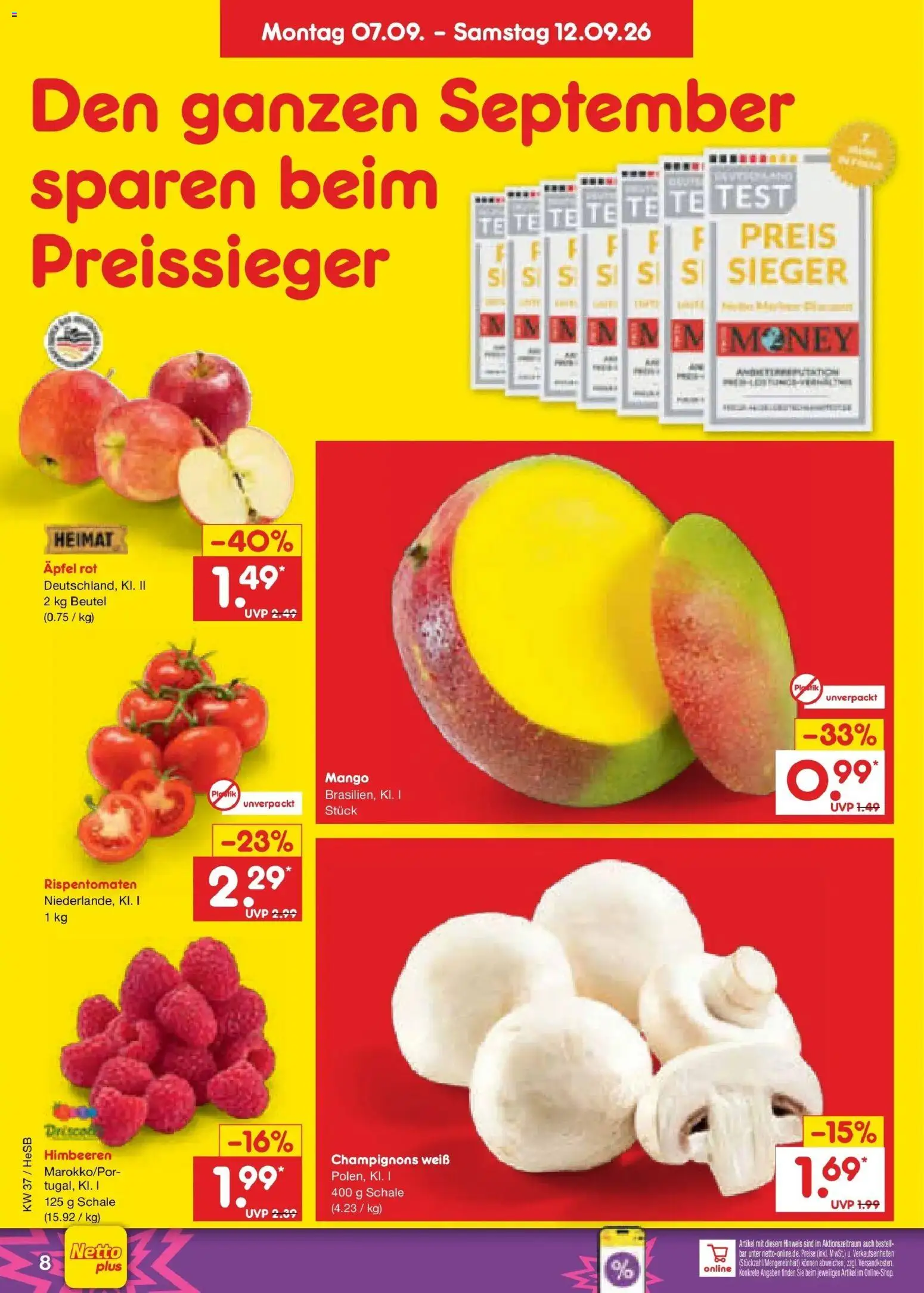 Vorschau von dem Prospekt des Geschäftes Netto Marken-Discount, gültig ab dem 07.09.2026 - Mango, Äpfel, Himbeeren, Champignons