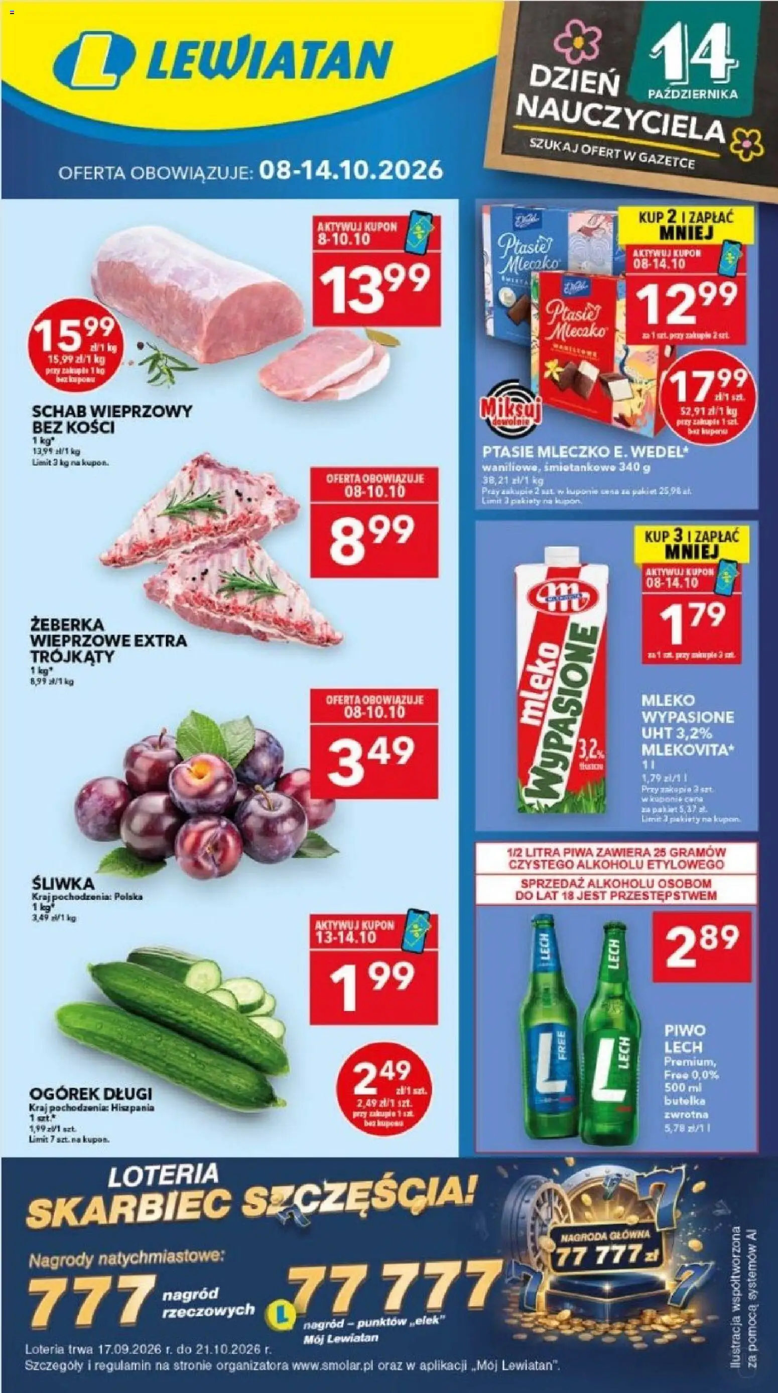 Pogląd gazetki "Lewiatan gazetka - Legnica" ze sklepu Lewiatan ważnej od 08.10.2026 - Lech, Mleko, Ptasie mleczko, Schab, Ogórek, Schab wieprzowy, Żeberka wieprzowe, Mleko wypasione