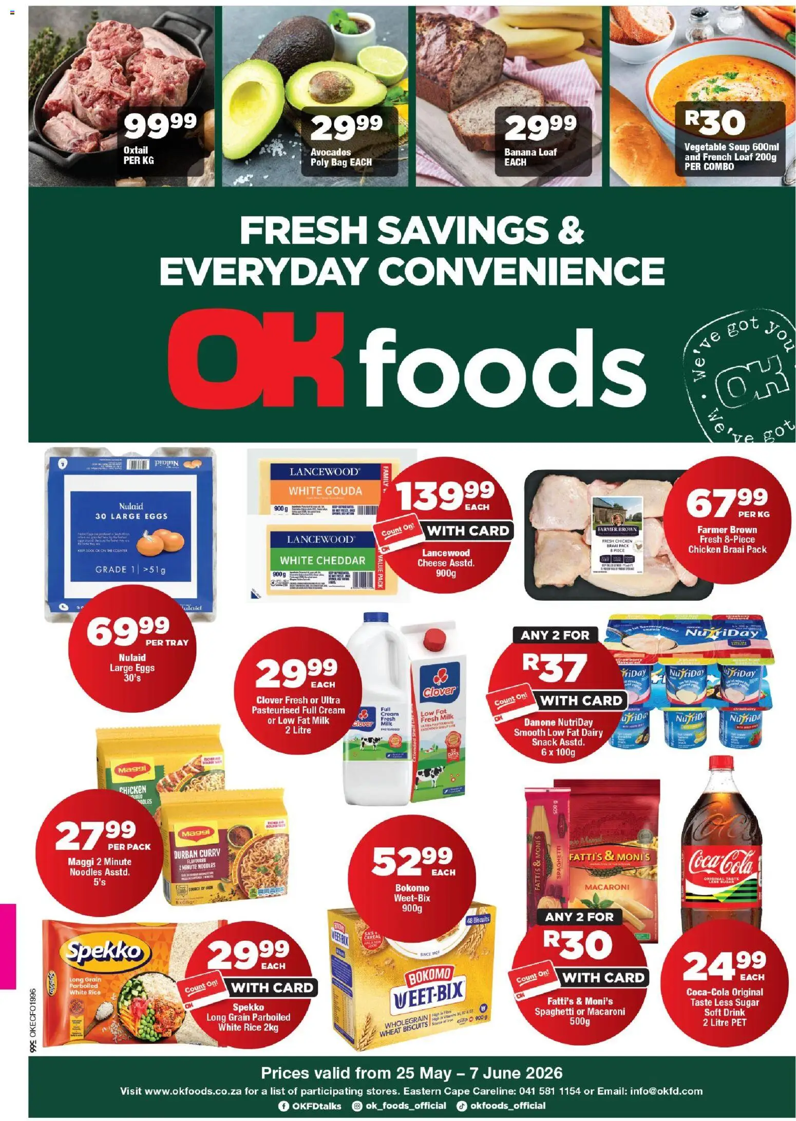 Preview of OK Foods flyer valid from 25/05/2026 - Bag, Eggs, Milk, Biscuits, Avocados, Soup, Tray, Cheddar