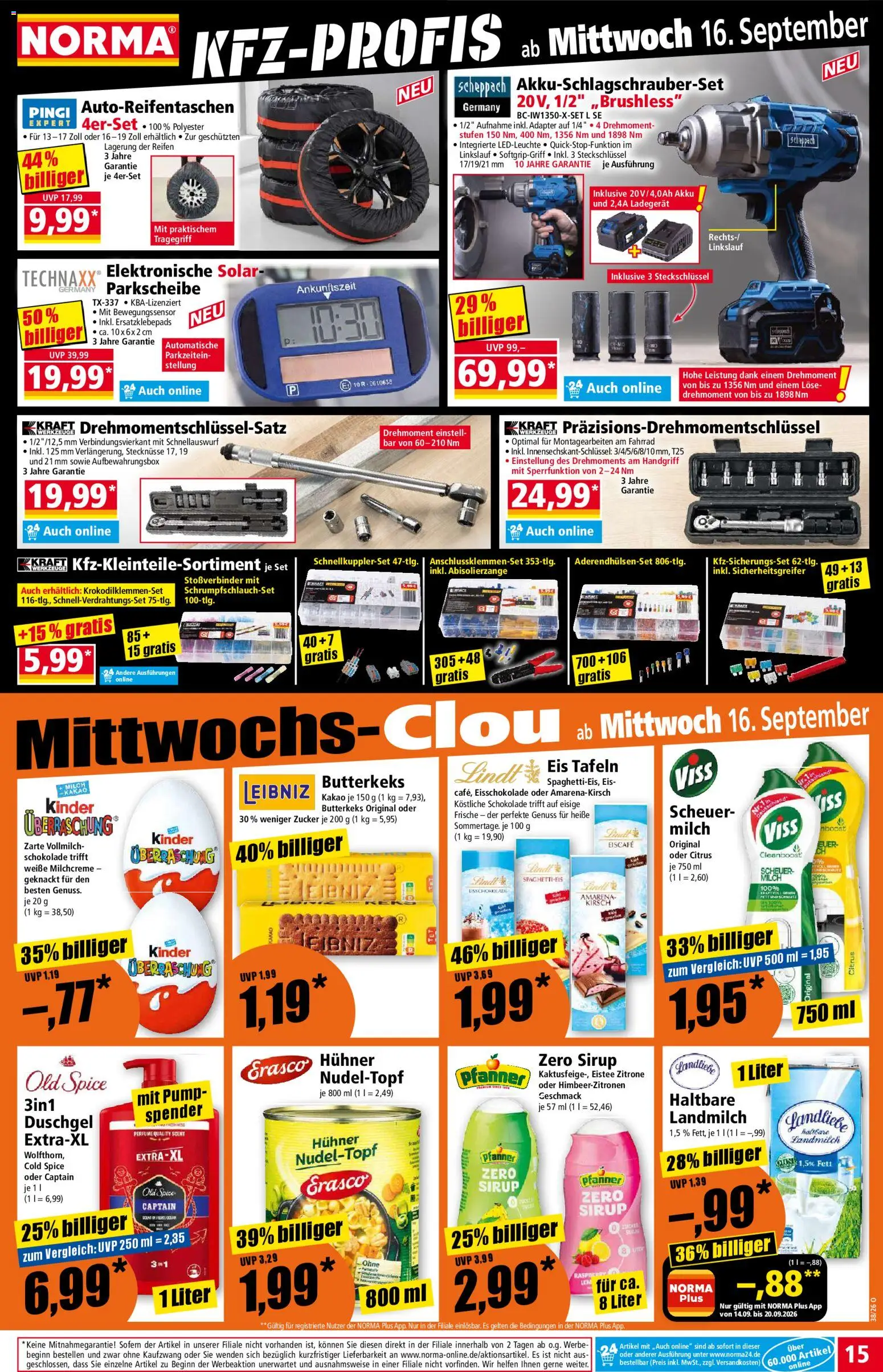 Vorschau von dem Prospekt des Geschäftes Norma, gültig ab dem 14.09.2026 - Schokolade, Lindt, Milch, Zucker, Zitrone, Adapter, Sirup, Duschgel