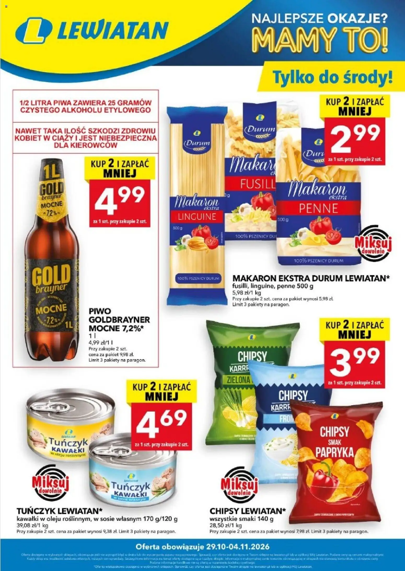 Pogląd gazetki "Lewiatan gazetka - Najlepsze okazje" ze sklepu Lewiatan ważnej od 29.10.2026 - Piwo, Makaron, Chipsy, Papryka, Tuńczyk, Penne
