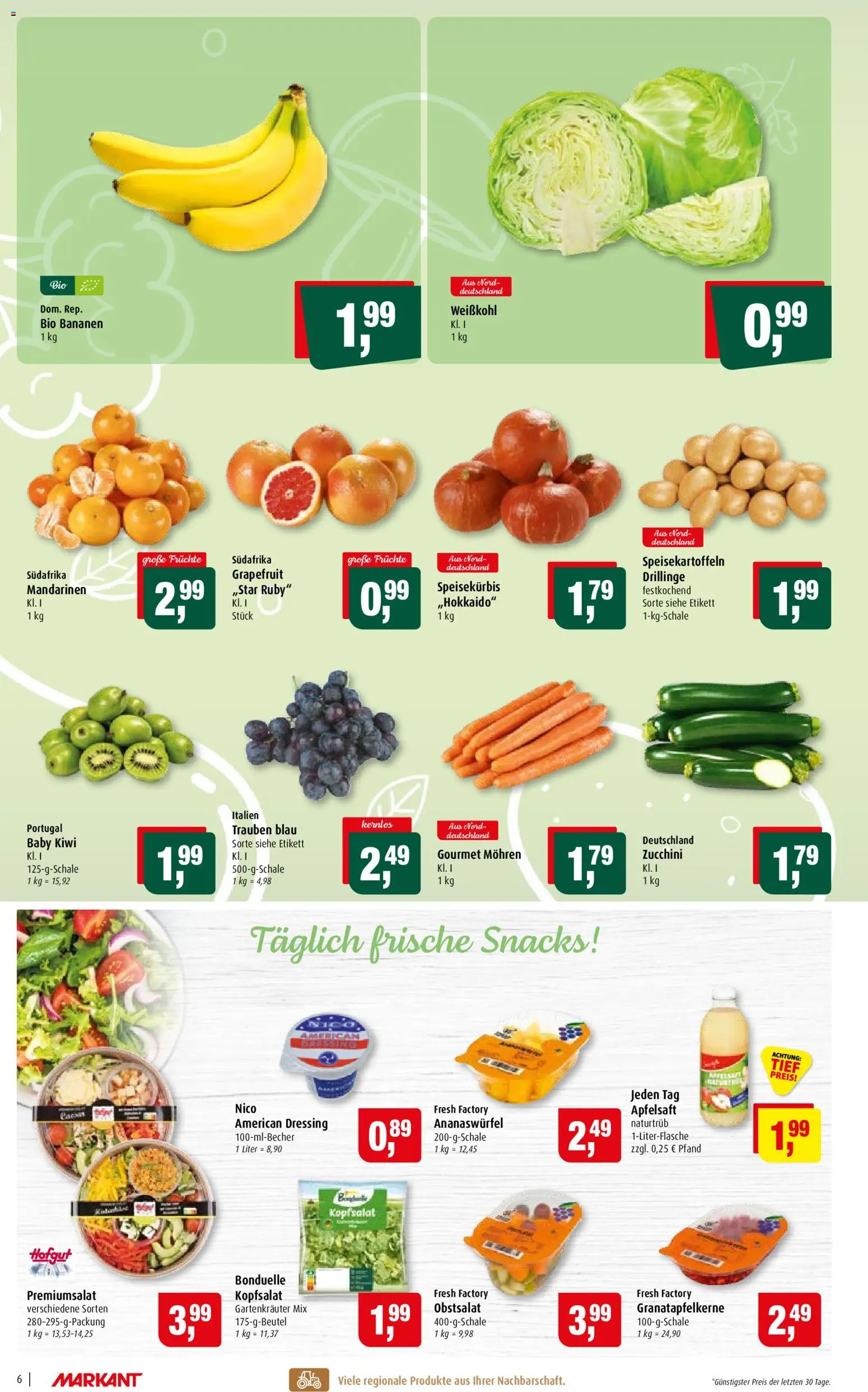 Vorschau von dem Prospekt des Geschäftes Markant, gültig ab dem 07.09.2026 - Kiwi, Bananen, Grapefruit, Trauben, Dressing, Mandarinen, Apfelsaft, Mohren