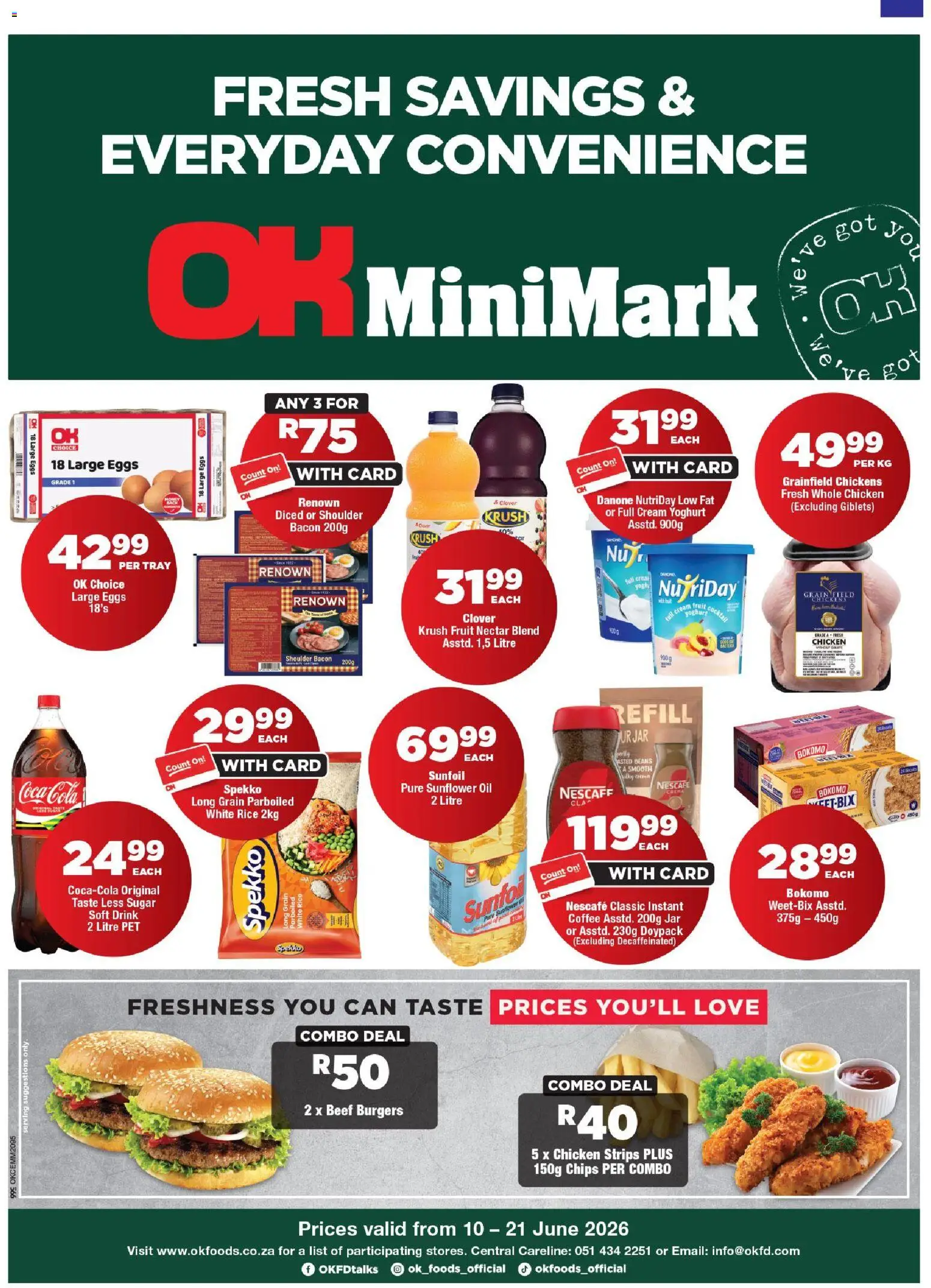 Preview of OK Foods flyer valid from 10/06/2026 - Coffee, Burgers, Chips, Cream, Beans, Yoghurt, Tray, Chicken strips