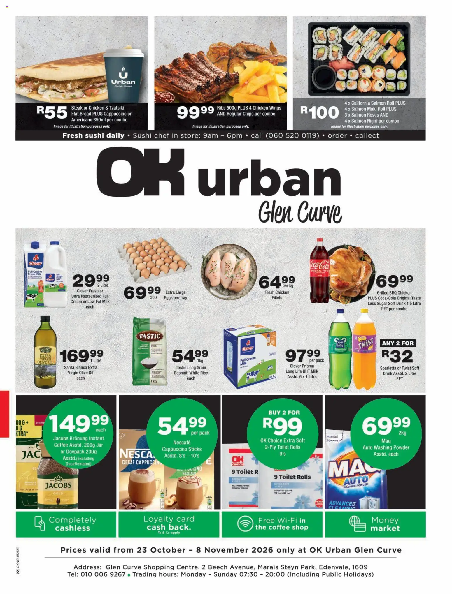 Preview of OK Foods flyer valid from 23/10/2026 - Coffee, Chicken, Eggs, Milk, Bread, Chips, Washing powder, Tray