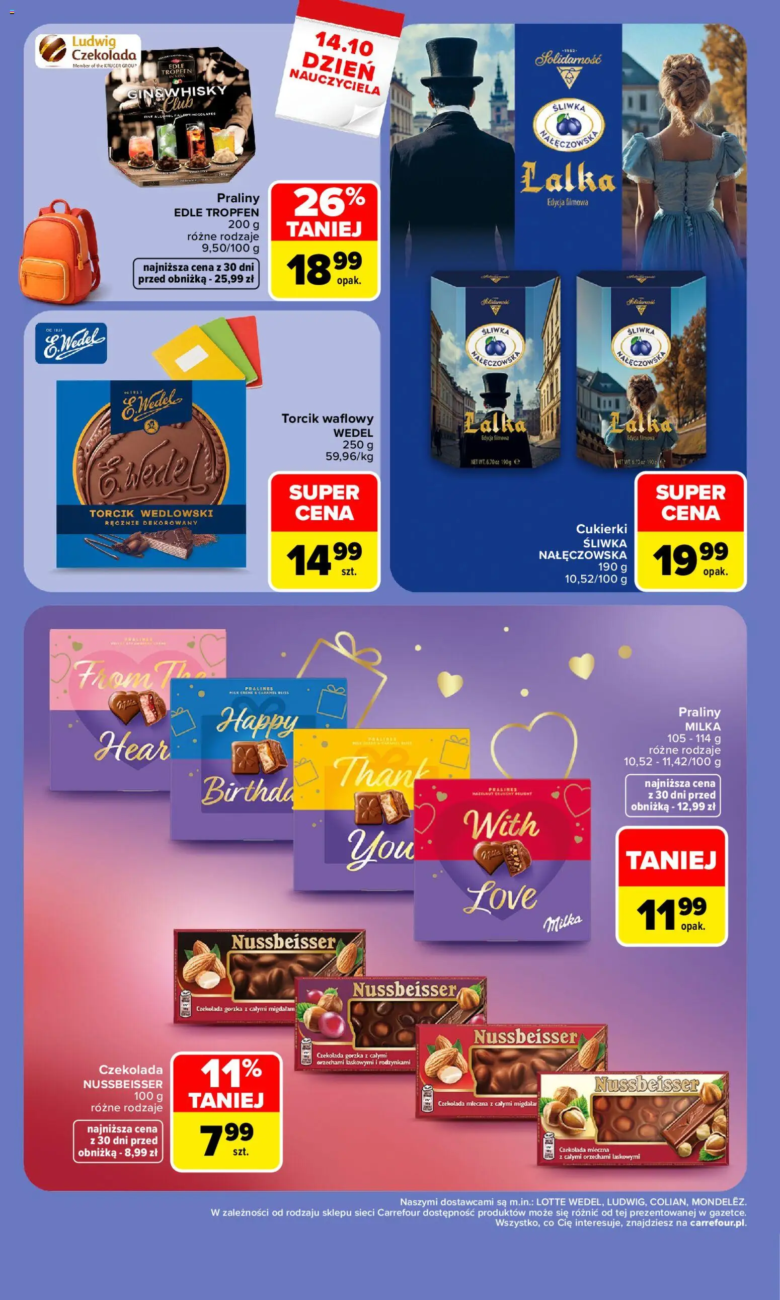 Pogląd gazetki "Carrefour gazetka - Dzień Nauczyciela" ze sklepu Carrefour ważnej od 05.10.2026 - Lalka, Czekolada, Milka, Cukierki, Torcik wedlowski, Praliny, Czekolada gorzka, Czekolada mleczna