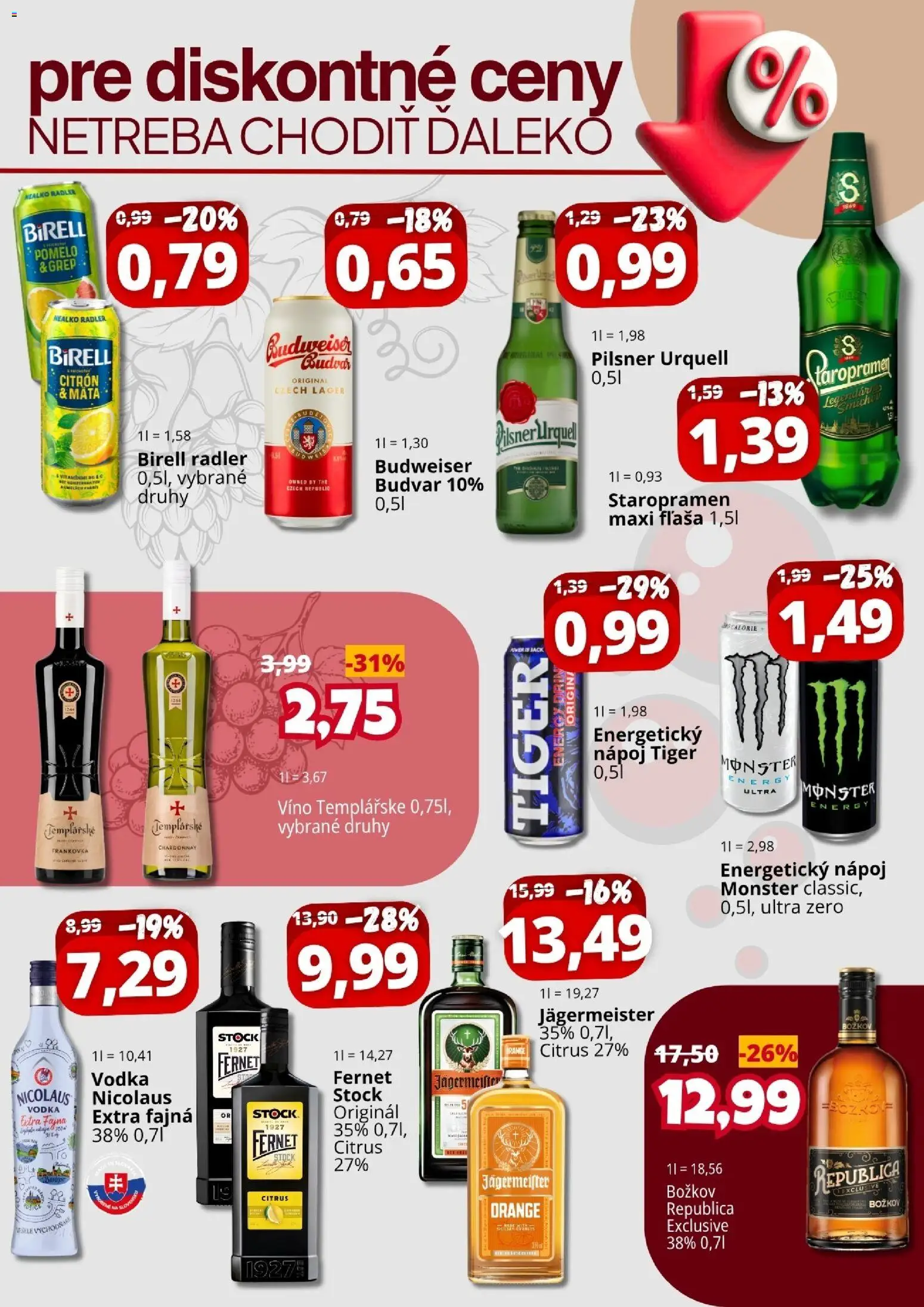Náhľad CBA Komfos letáku platného od 30.10.2026 - Víno, Birell, Staropramen, Radler, Budvar, Grep, Energetický nápoj, Božkov