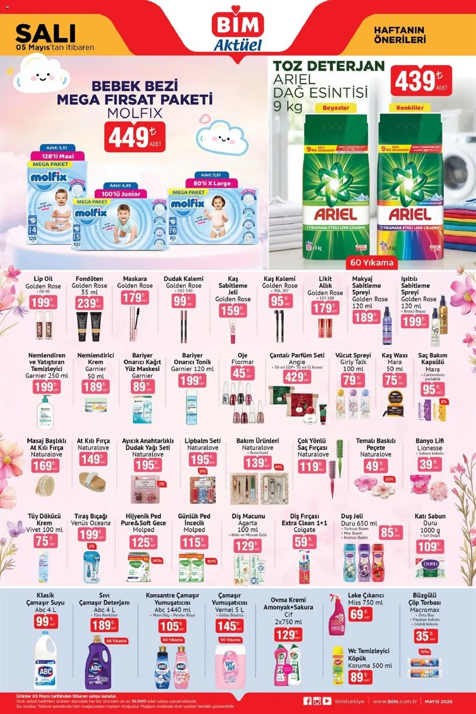 BİM BİM - Katalog Salı 05.05.2026 - Broşürünün önizlemesi - Diş macunu, Allık, Banyo, Krem, Diş fırçası, Leke çıkarıcı, Sabun, Fırça