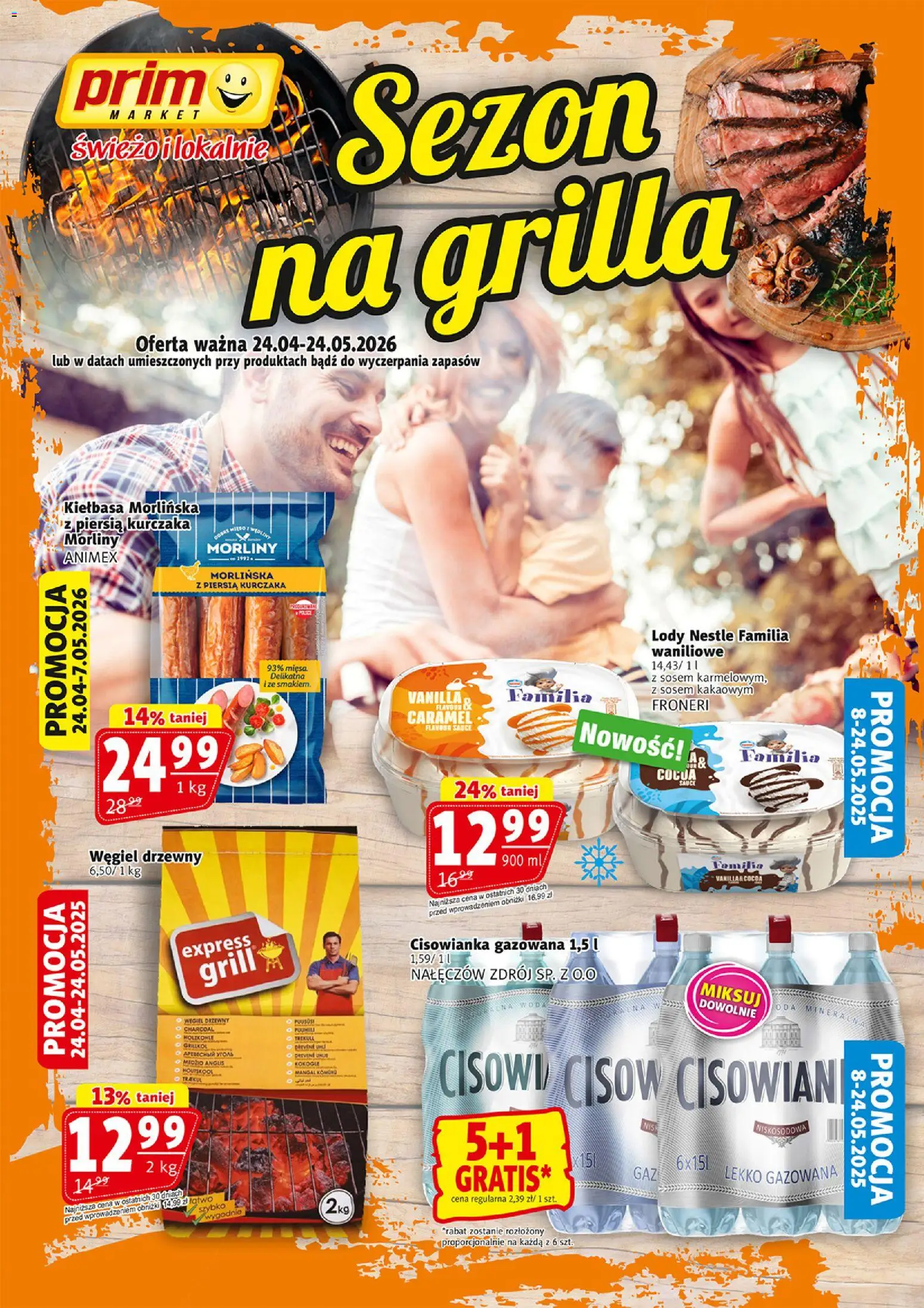 Pogląd gazetki "Prim Market gazetka - Sezon na grilla" ze sklepu Prim Market ważnej od 04.05.2026 - Lody, Grill, Kiełbasa, Cisowianka, Węgiel drzewny