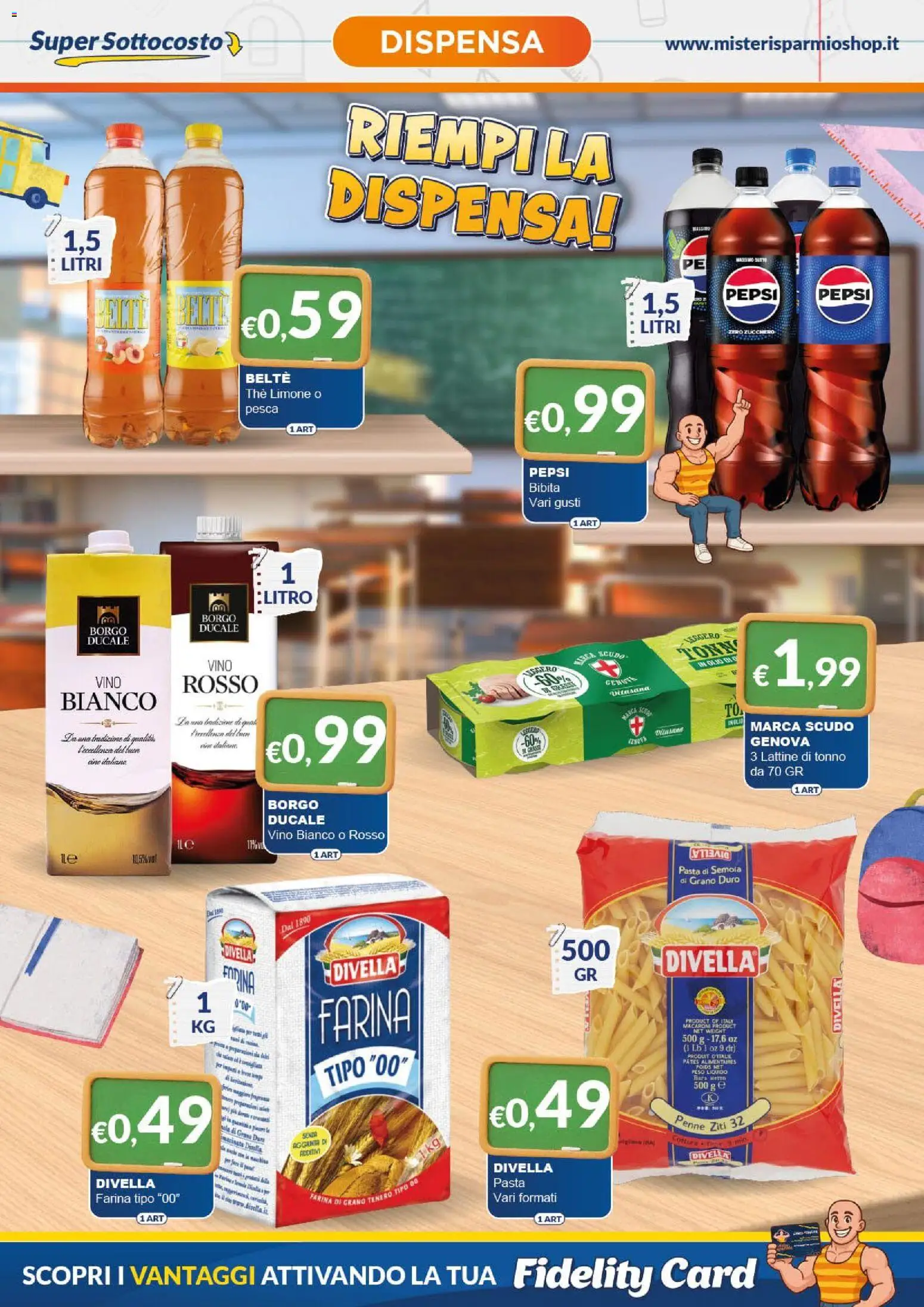 Anteprima dell'opuscolo Mister Risparmio volantino dal negozio Mister Risparmio valido da 07/09/2026 - Pasta, Vino, Limone, Pesca, Farina, Semola, Divella, Farina tipo 00
