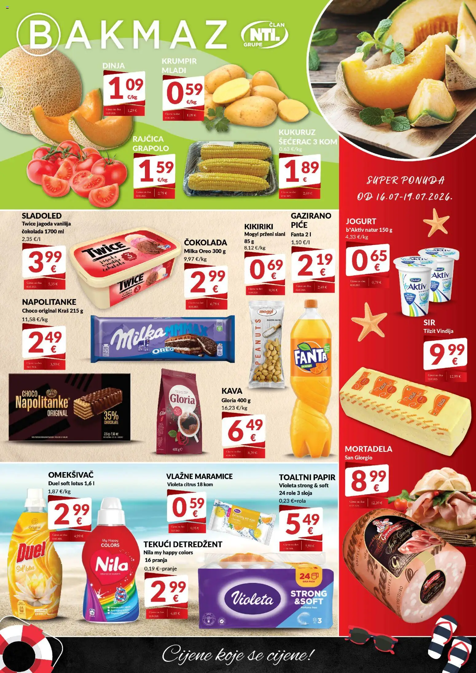 Pregled letka Bakmaz Ponuda trgovine Bakmaz vrijedi od 16.07.2026 - Sladoled, Krumpir, Dinja, Kikiriki, Jogurt, Vlažne maramice, Nila, Maramice
