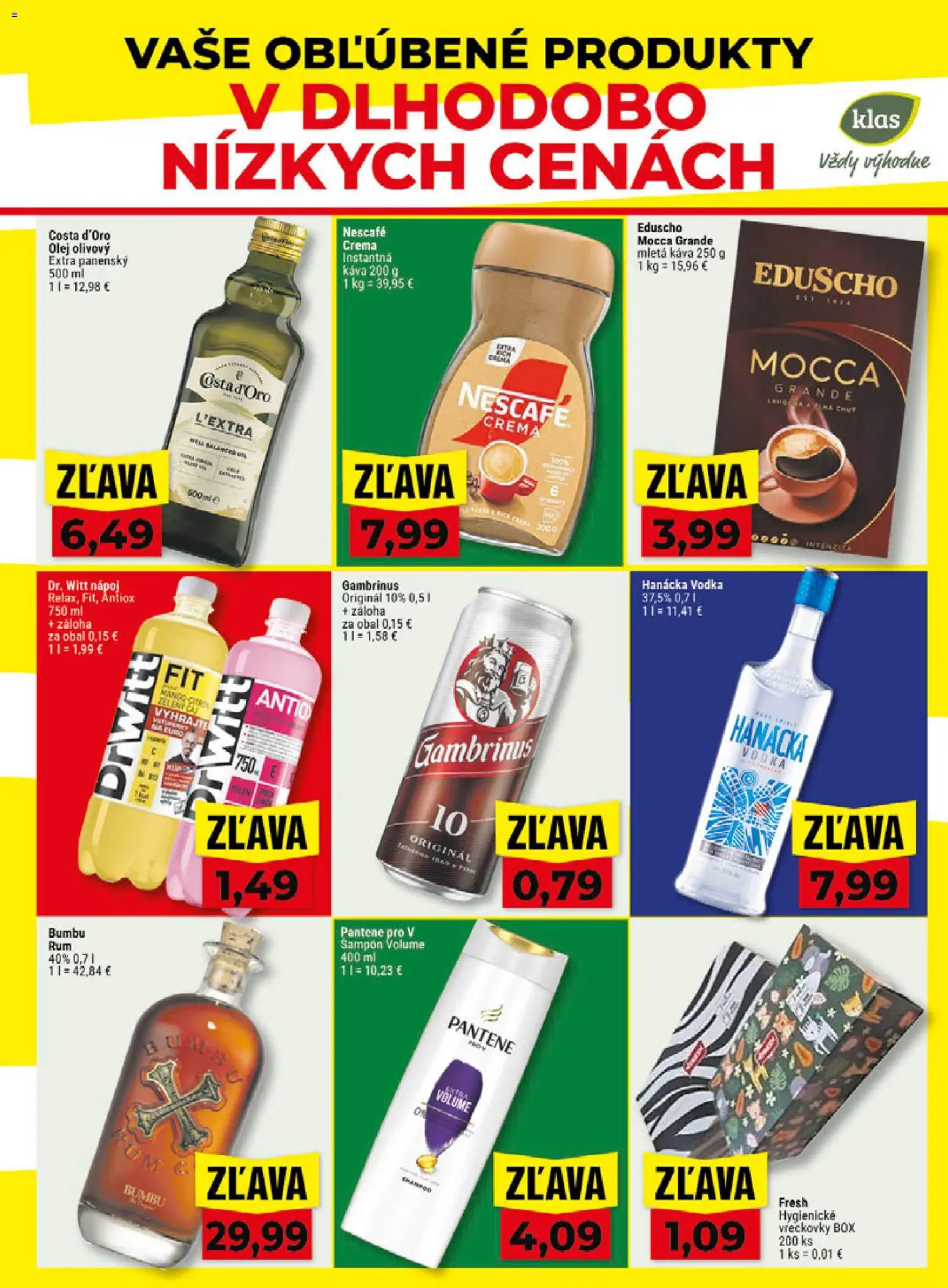 Náhľad Klas letáku platného od 19.10.2026 - Mango, Káva, Vodka, Olej, Šampón, Gambrinus, Vreckovky, Mletá káva