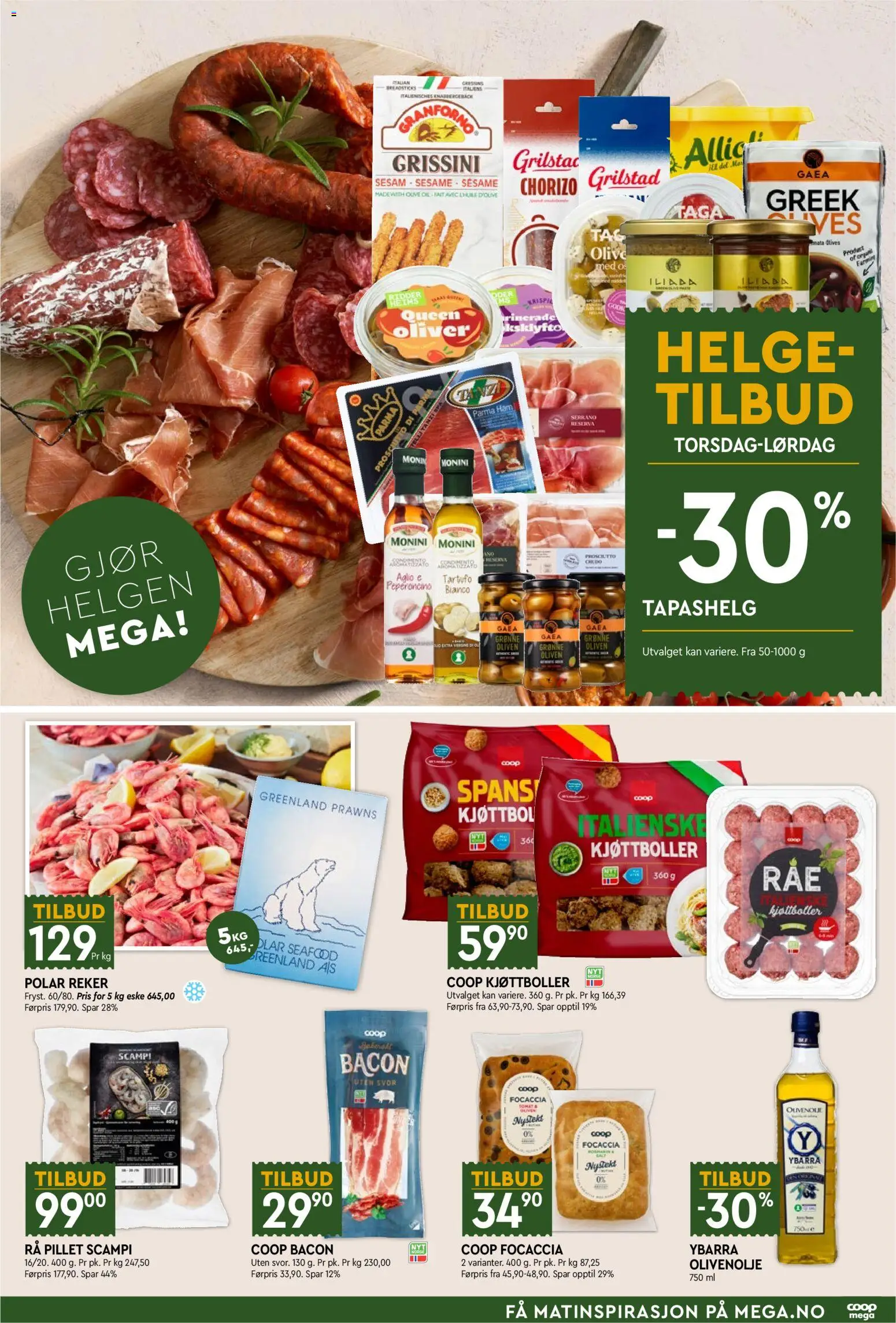 Forhåndsvis Coop Mega Mega Helg fra butikk Coop Mega gyldig fra 22/10/2026 - Bacon, Chorizo, Olivenolje, Kjøttboller, Reker, Prosciutto, Eske, Grilstad