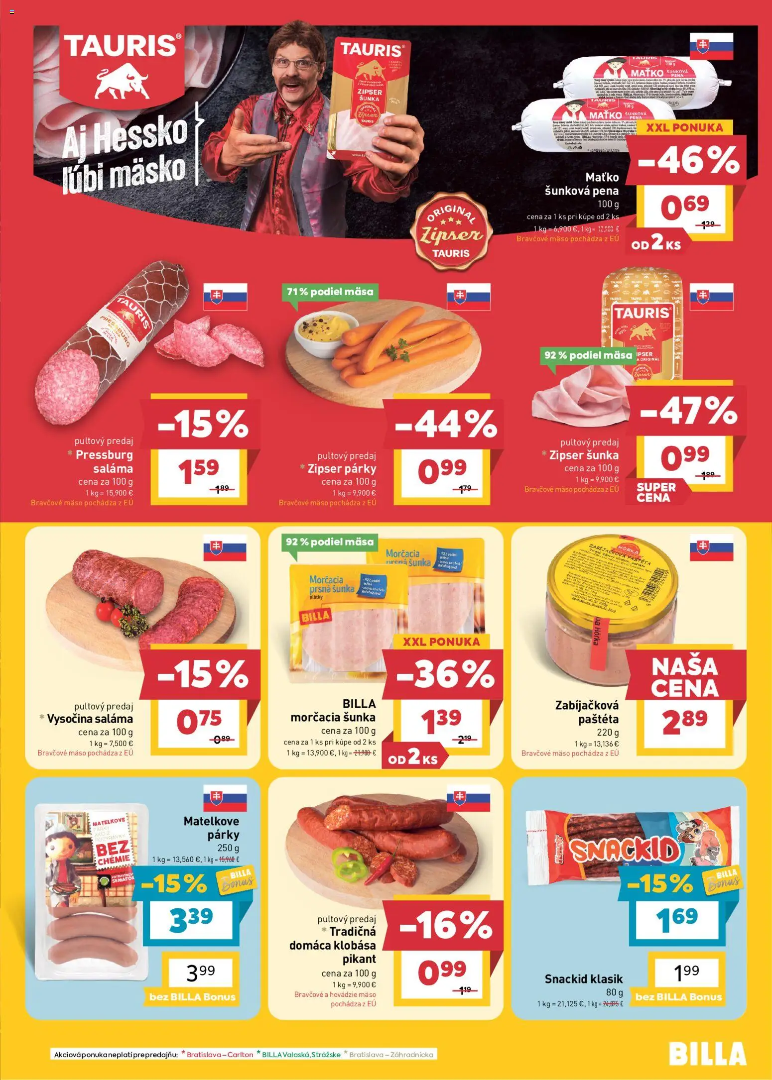 Náhľad Billa letáku platného od 07.10.2026 - Hovädzie mäso, Klobása, Šunka, Párky, Bravčové mäso, Pena, Saláma, Paštéta