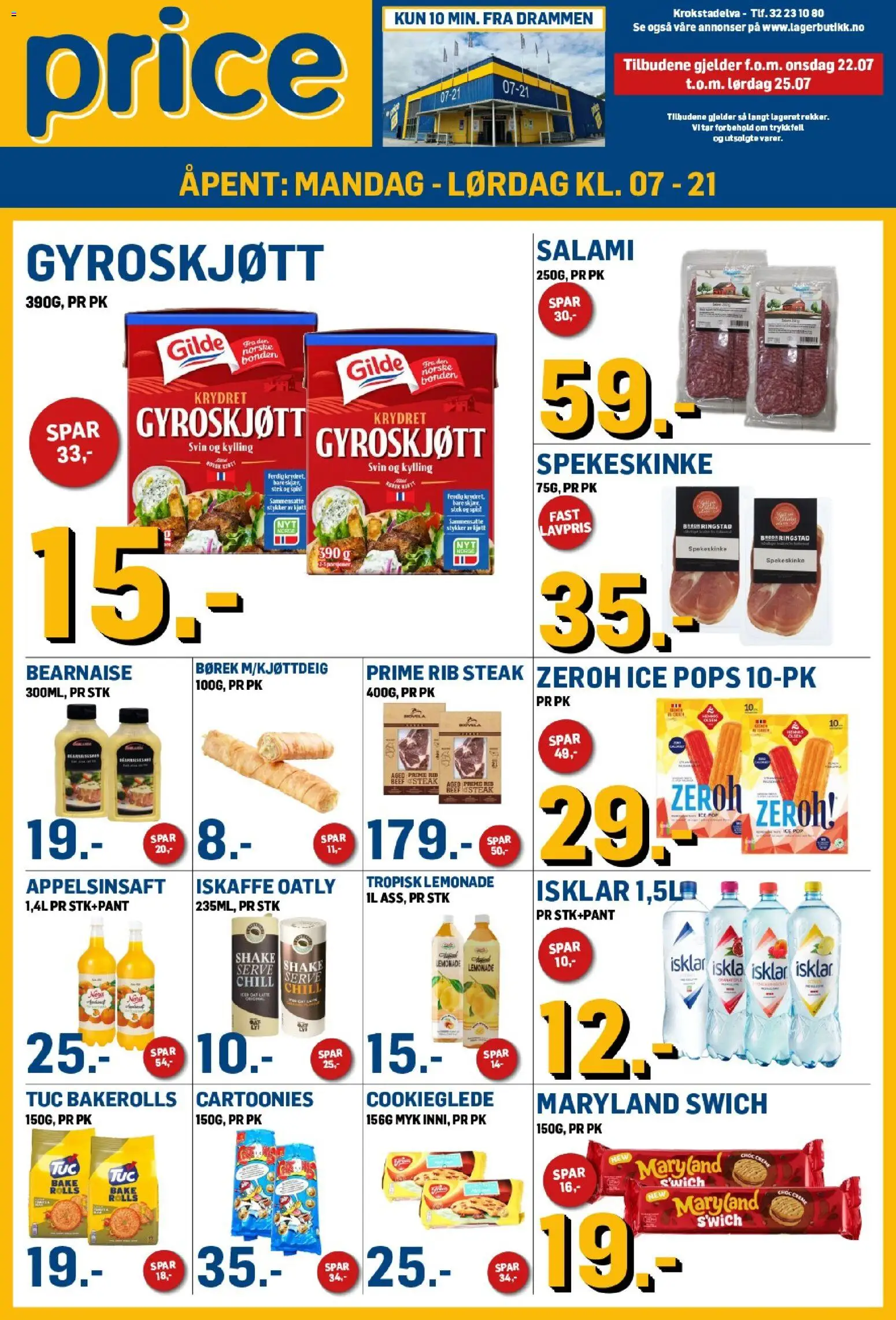 Forhåndsvis Price Lagerbutikk kundeavis fra butikk Price Lagerbutikk gyldig fra 22/07/2026 - Vin, Salami, Kylling, Svin, Oatly, Iskaffe, Spekeskinke, Kjøtt