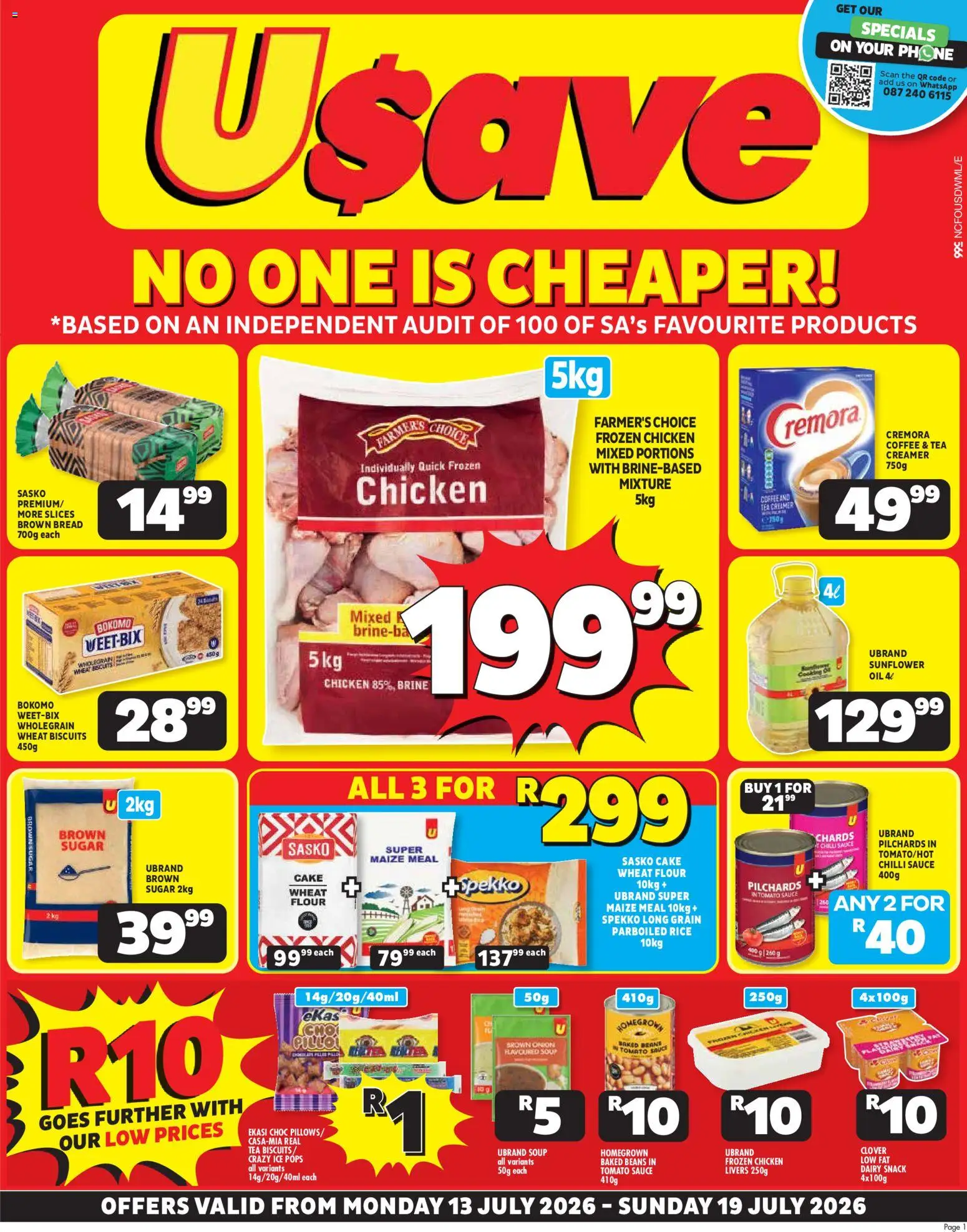 Preview of Usave flyer valid from 13/07/2026 - Coffee, Phone, Cake, Biscuits, Rice, Flour, Baked beans, Sauce