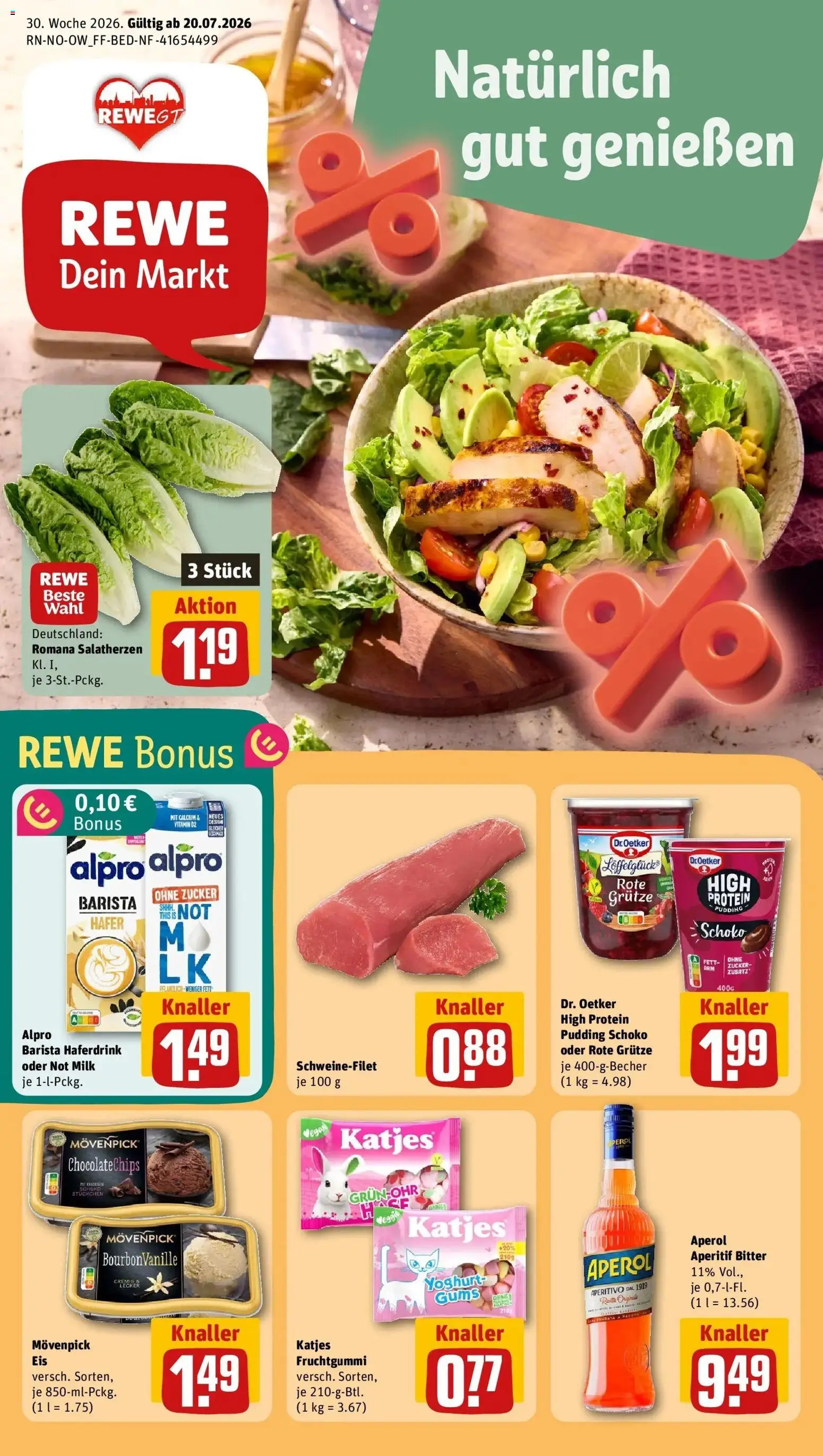 Vorschau von dem Prospekt des Geschäftes Rewe, gültig ab dem 20.07.2026 - Aperol, Katjes, Schweinefilet, Zucker, Pudding, Alpro, Haferdrink