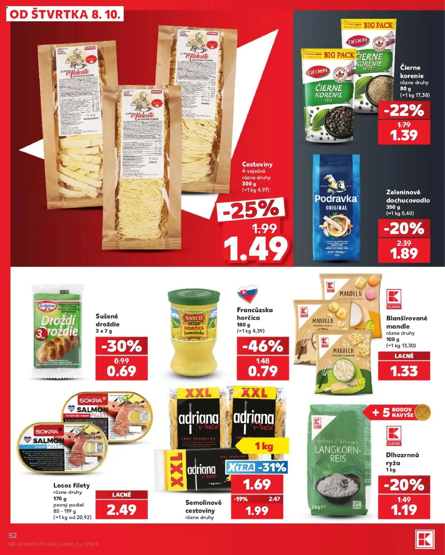 Náhľad Kaufland letáku platného od 08.10.2026 - Cestoviny, Losos, Mandle, Ryža, Korenie, Horčica, Droždie, Čierne korenie