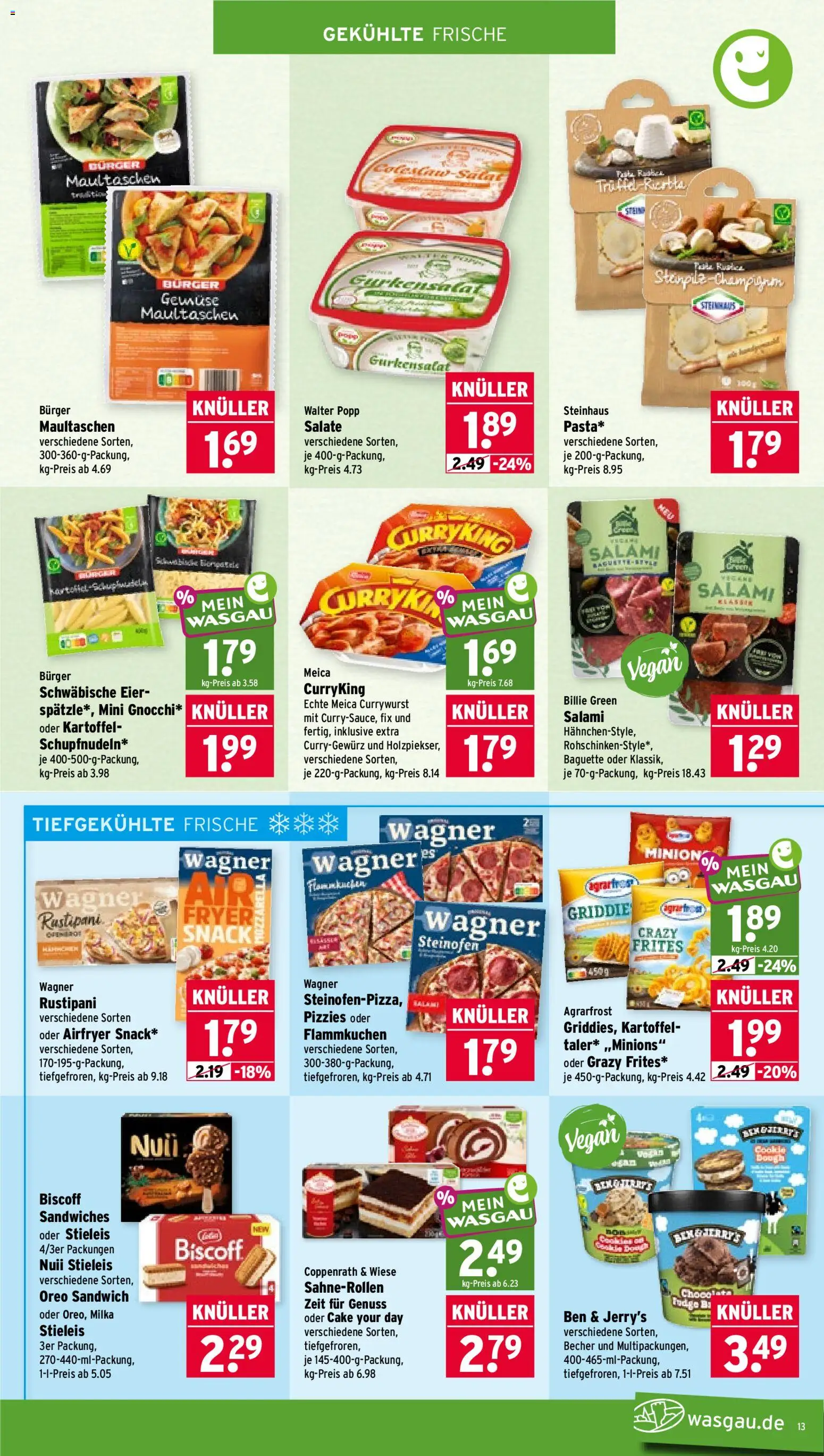 Vorschau von dem Prospekt des Geschäftes Wasgau, gültig ab dem 26.10.2026 - Burger, Mozzarella, Baguette, Eier, Milka, Salami, Ben & Jerry's, Meica