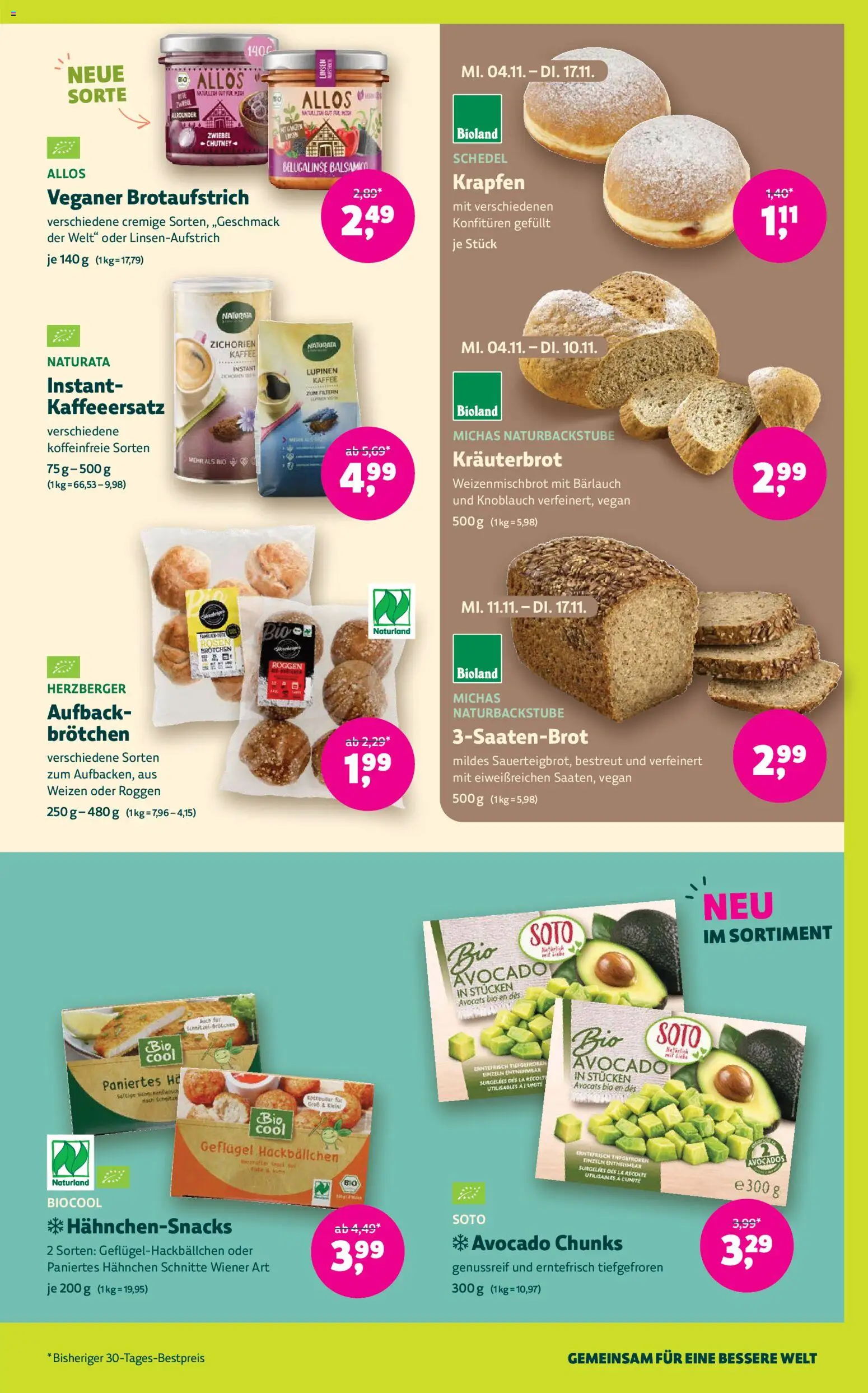 Vorschau von dem Prospekt des Geschäftes Denns BioMarkt, gültig ab dem 04.11.2026 - Kaffee, Avocado, Knoblauch, Krapfen, Balsamico, Hahnchen