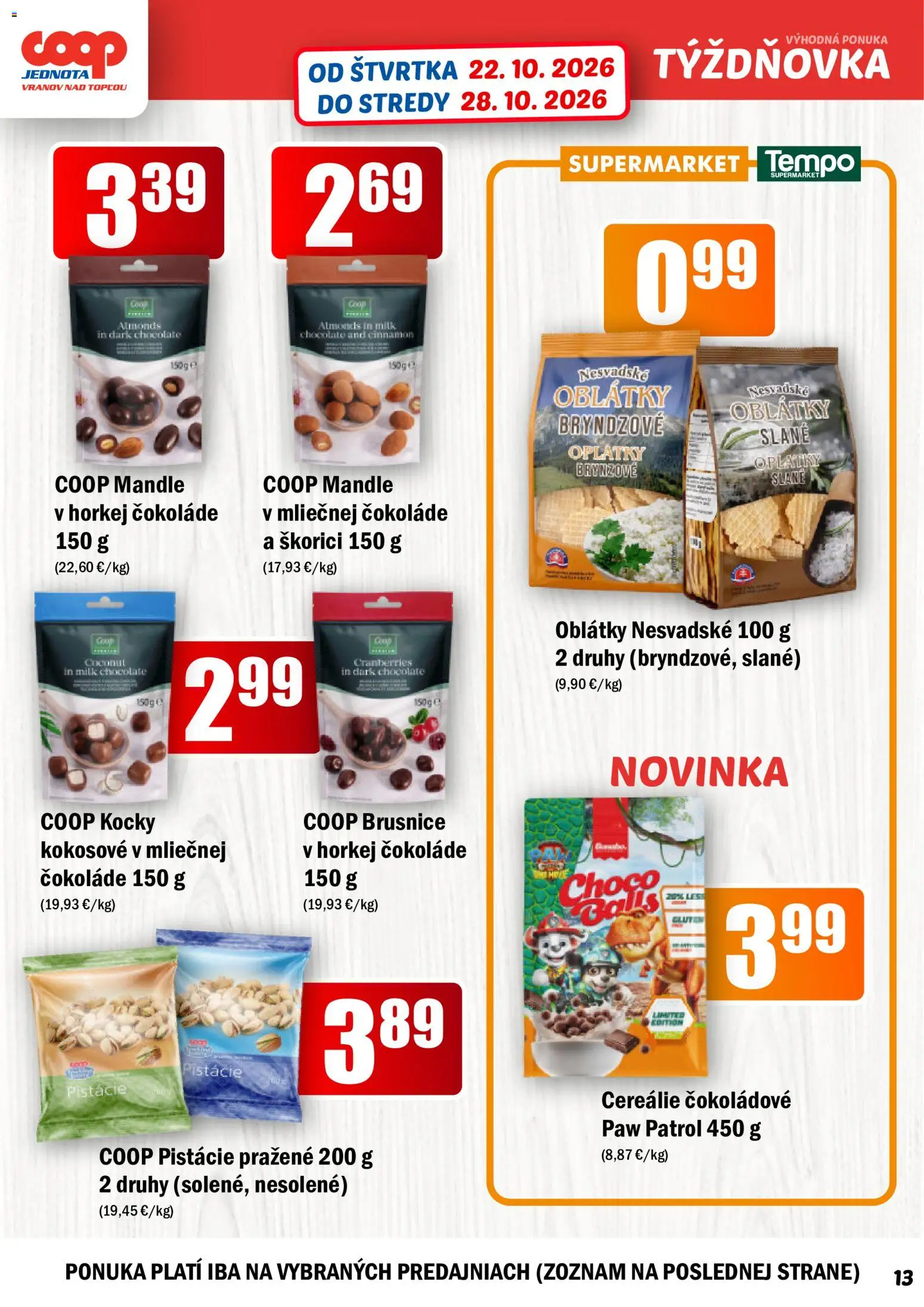 Náhľad COOP Jednota letáku platného od 22.10.2026 - Brusnice, Mandle, Pistácie, Oblátky, Cereálie