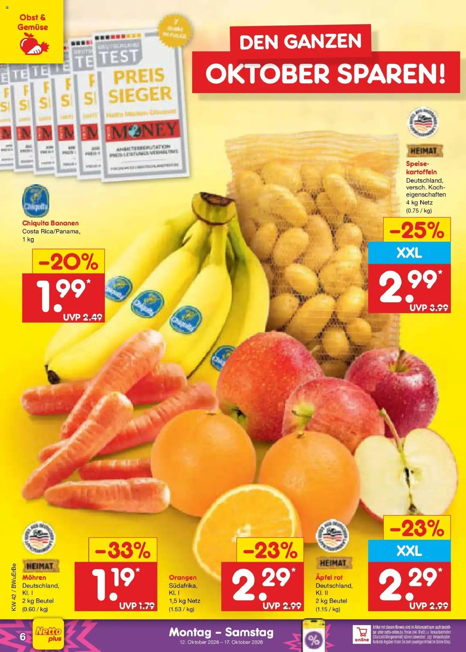 Vorschau von dem Prospekt des Geschäftes Netto Marken-Discount, gültig ab dem 12.10.2026 - Äpfel, Gemüse, Bananen, Obst, Kartoffeln, Orangen, Mohren
