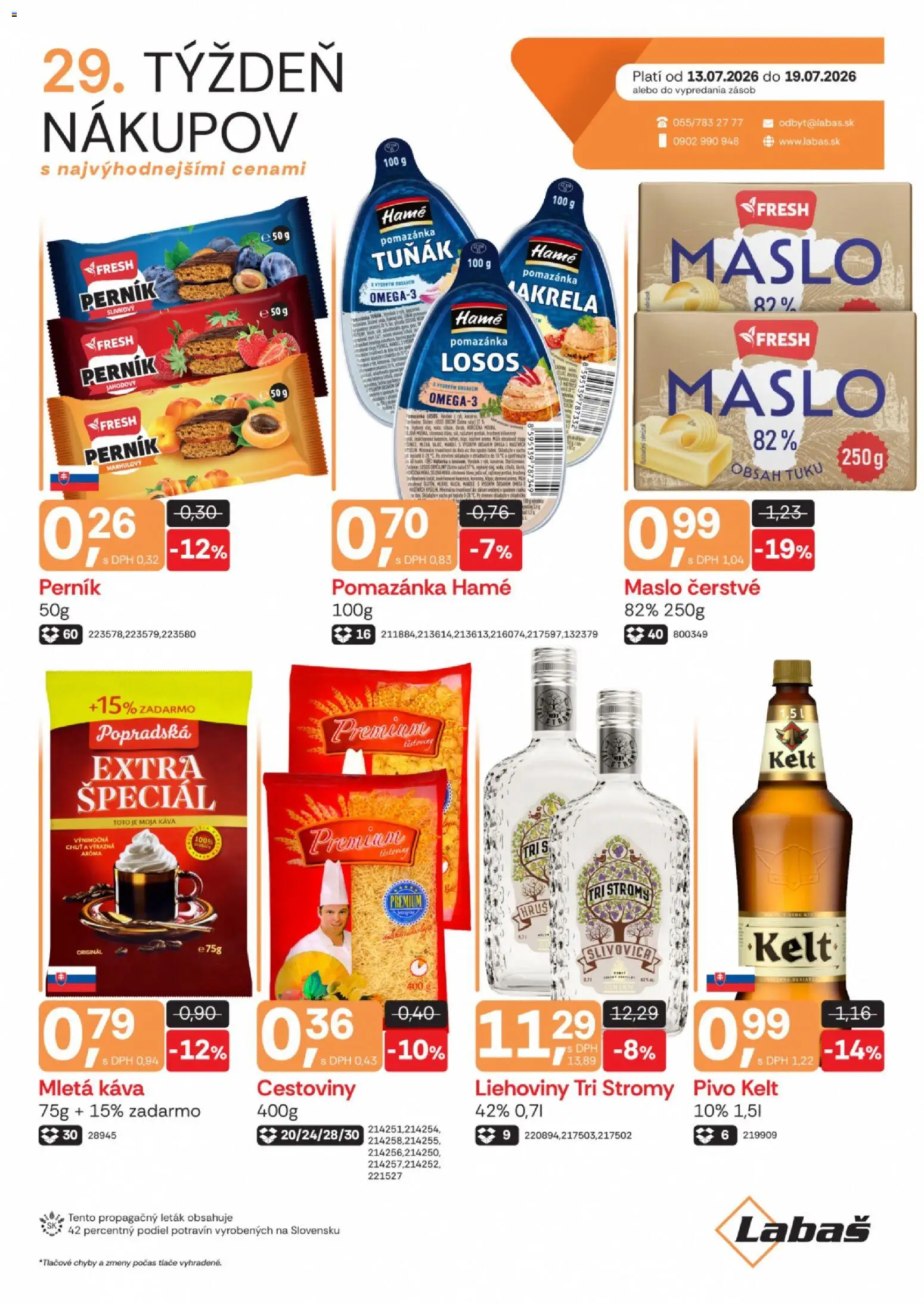 Náhľad Labaš letáku platného od 13.07.2026 - Maslo, Káva, Pivo, Cestoviny, Losos, Slivovica, Kelt, Mletá káva