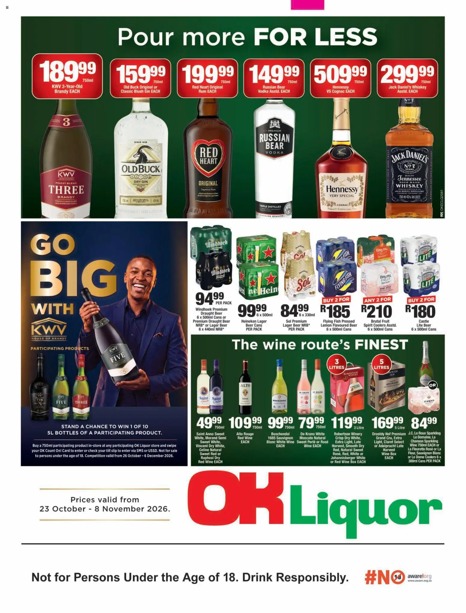 Preview of OK Foods flyer valid from 23/10/2026 - Heineken, Gin, Fruit, Brandy, Cognac, Beer, Lemon, Rum